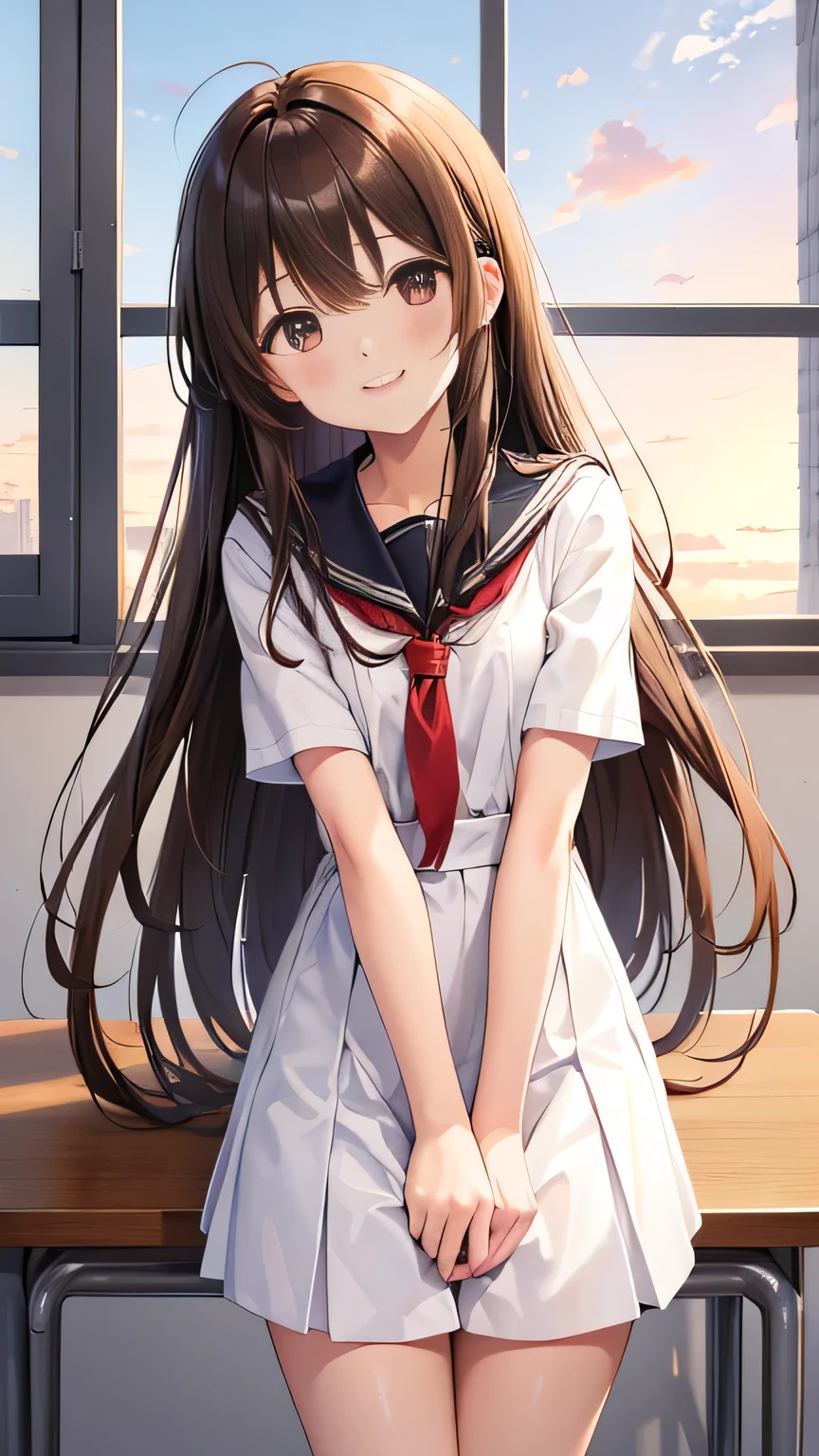 (High Resolution)、(High image quality)、(Masterpiece)、(Lift your hair with your hands)、School、classroom、Summer sunset、Brown long hair、Brush your hair back、smiling、Detailed Description、Window、beautiful girl、、Summer uniform、Narrow eyes、Slim figure、Tall、