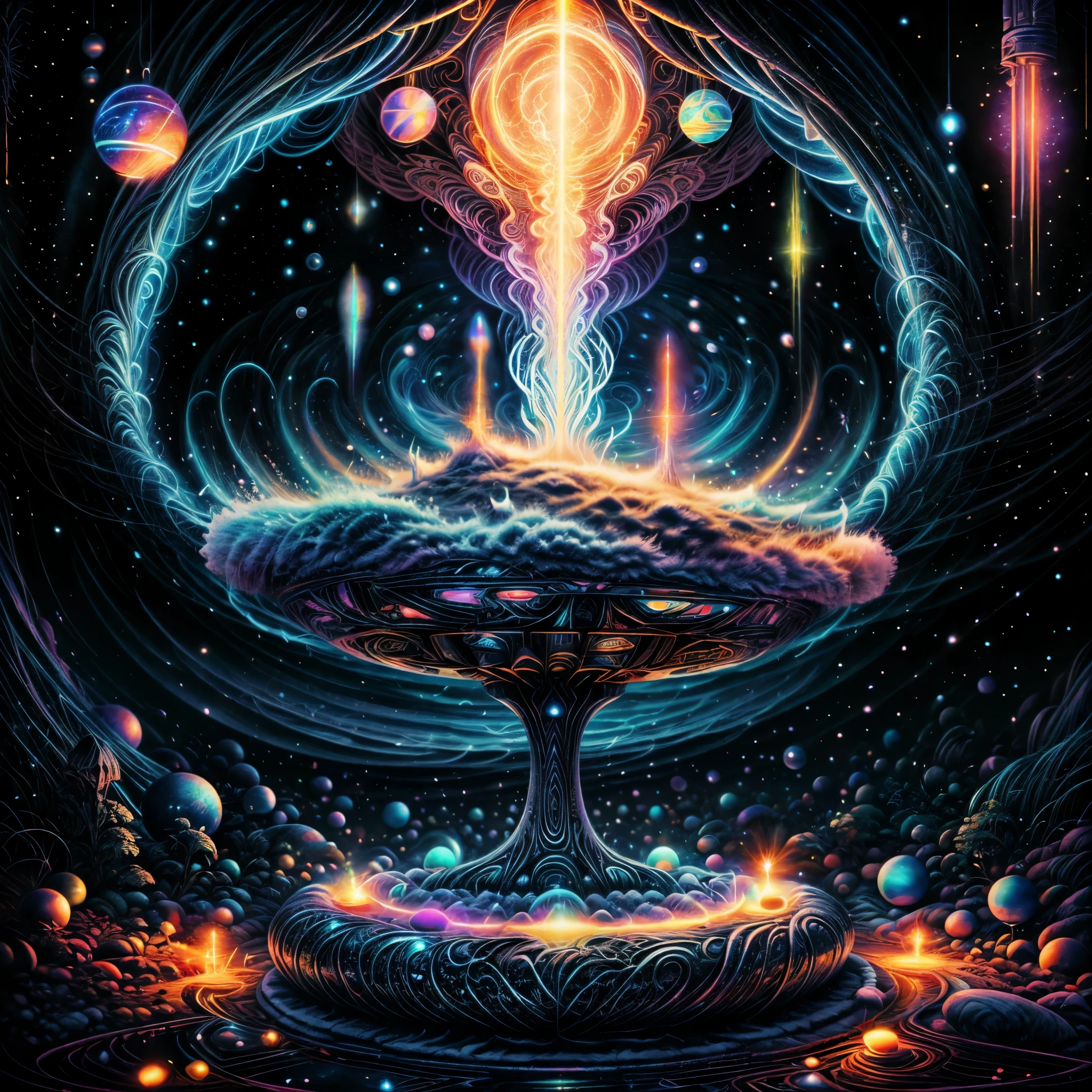 Freyja, the Norse goddess, standing at the center of an intricate symmetrical cosmic scene. Surrounding her is a tunnel-like vortex composed of concentric circles and glowing rings in vibrant neon colors like pink, blue, and gold. Each ring is adorned with circuit-like patterns and small, floating spheres emitting light. Radiant golden orbs and tiny stars float against a deep, starry background of black and dark blue, creating a sense of depth and mystique. Waves of translucent, colorful energy flow towards the vortex, with light reflections highlighting metallic touches, adding dimension. The overall style is futuristic and surreal, blending elements of sci-fi and fantasy.