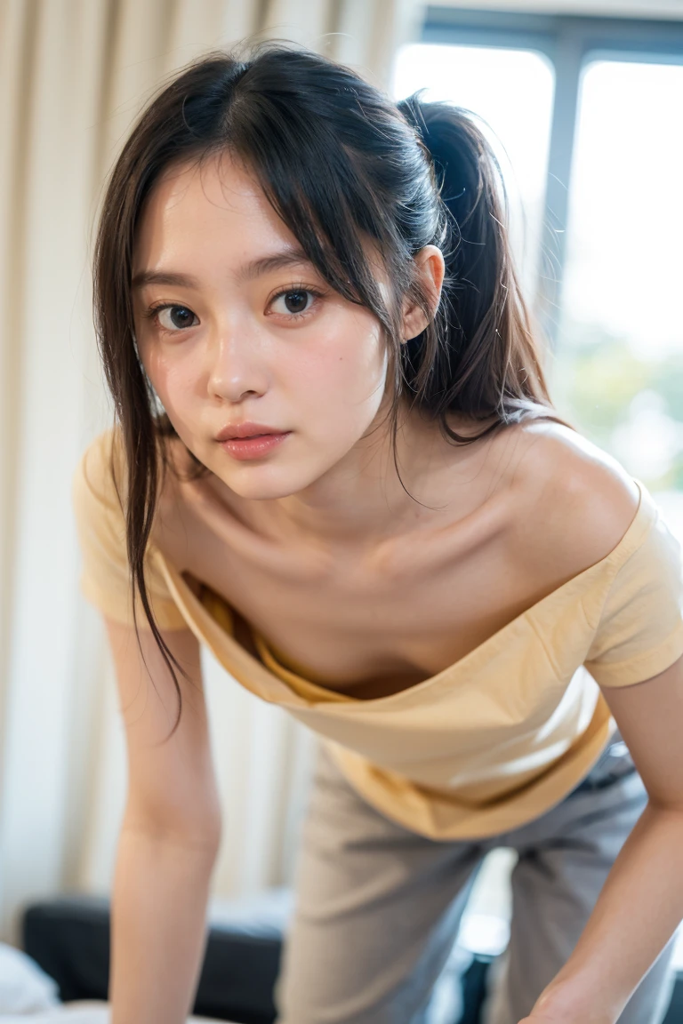 Black Hair、20 years old、(Best Quality), 4K, High resolution, masterpiece)、 (, slim:1.8, Pale skin:1.6), (small 顔:1.8, No makeup:1.8), Beautiful and detailed eyes(Symmetrical eyes, Big round eyes:1.8, Shining Eyes:1.6, Delicate eyebrows, Delicate eyelashes, Sagging under the eyes:1.2), 超slimなモデル体型、Off the shoulder、Strapless、Chignon、Beige T-shirt、nsfw、downblouse loose t-shirt leaning forward