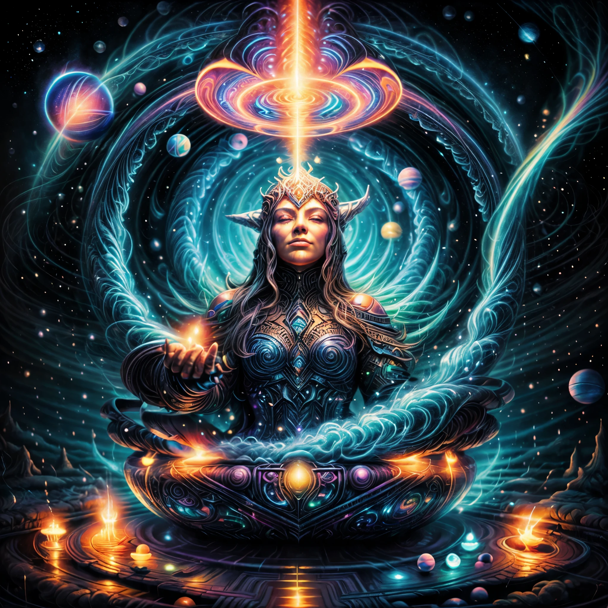 Freyja, the Norse goddess, standing at the center of an intricate symmetrical cosmic scene. Surrounding her is a tunnel-like vortex composed of concentric circles and glowing rings in vibrant neon colors like pink, blue, and gold. Each ring is adorned with circuit-like patterns and small, floating spheres emitting light. Radiant golden orbs and tiny stars float against a deep, starry background of black and dark blue, creating a sense of depth and mystique. Waves of translucent, colorful energy flow towards the vortex, with light reflections highlighting metallic touches, adding dimension. The overall style is futuristic and surreal, blending elements of sci-fi and fantasy.