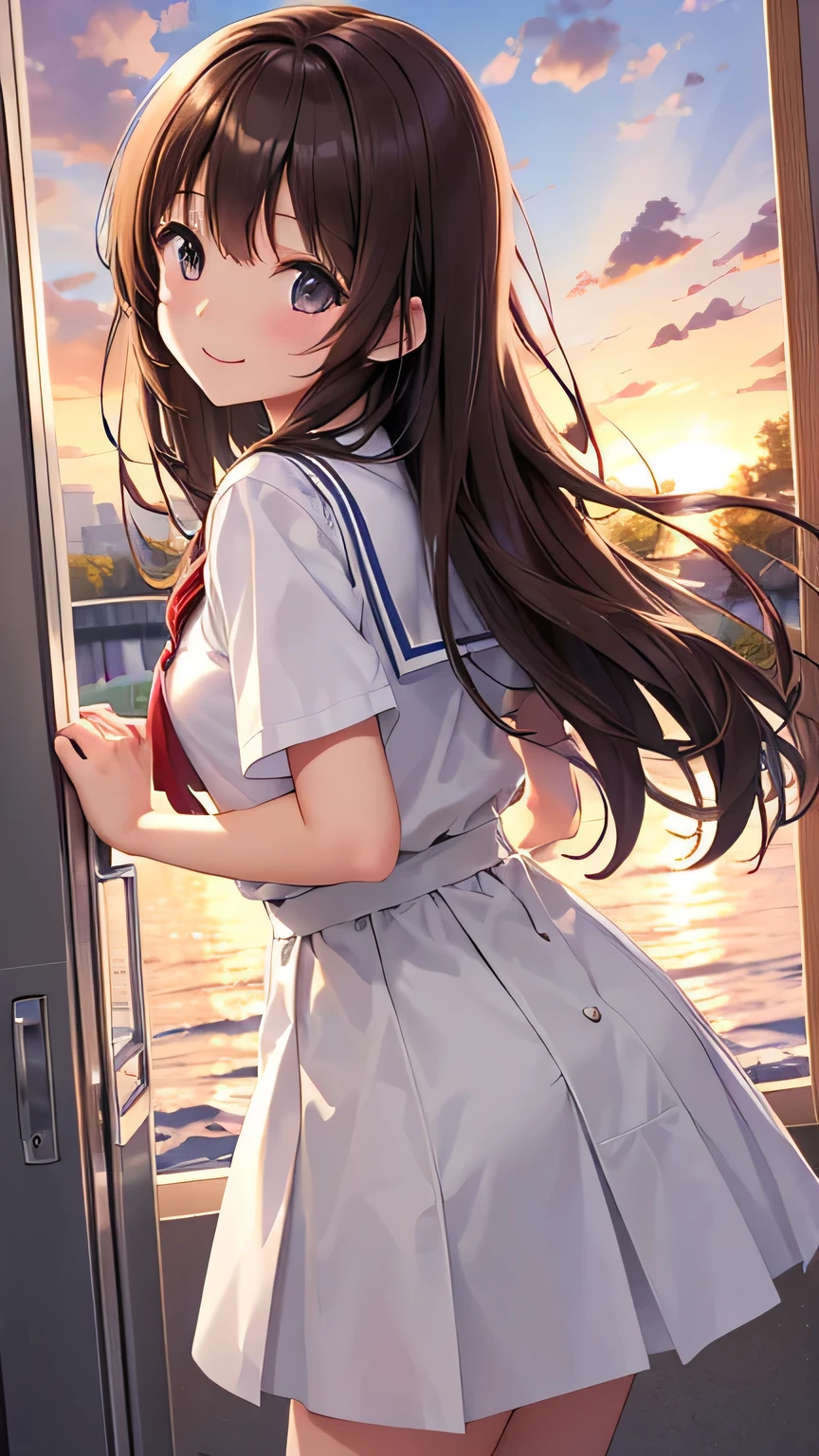 (High Resolution)、(High image quality)、(Masterpiece)、((Lift your hair with your hands))School、classroom、Summer sunset、Brown long hair、Brush your hair back、smiling、Detailed Description、Window、beautiful girl、、Summer uniform、