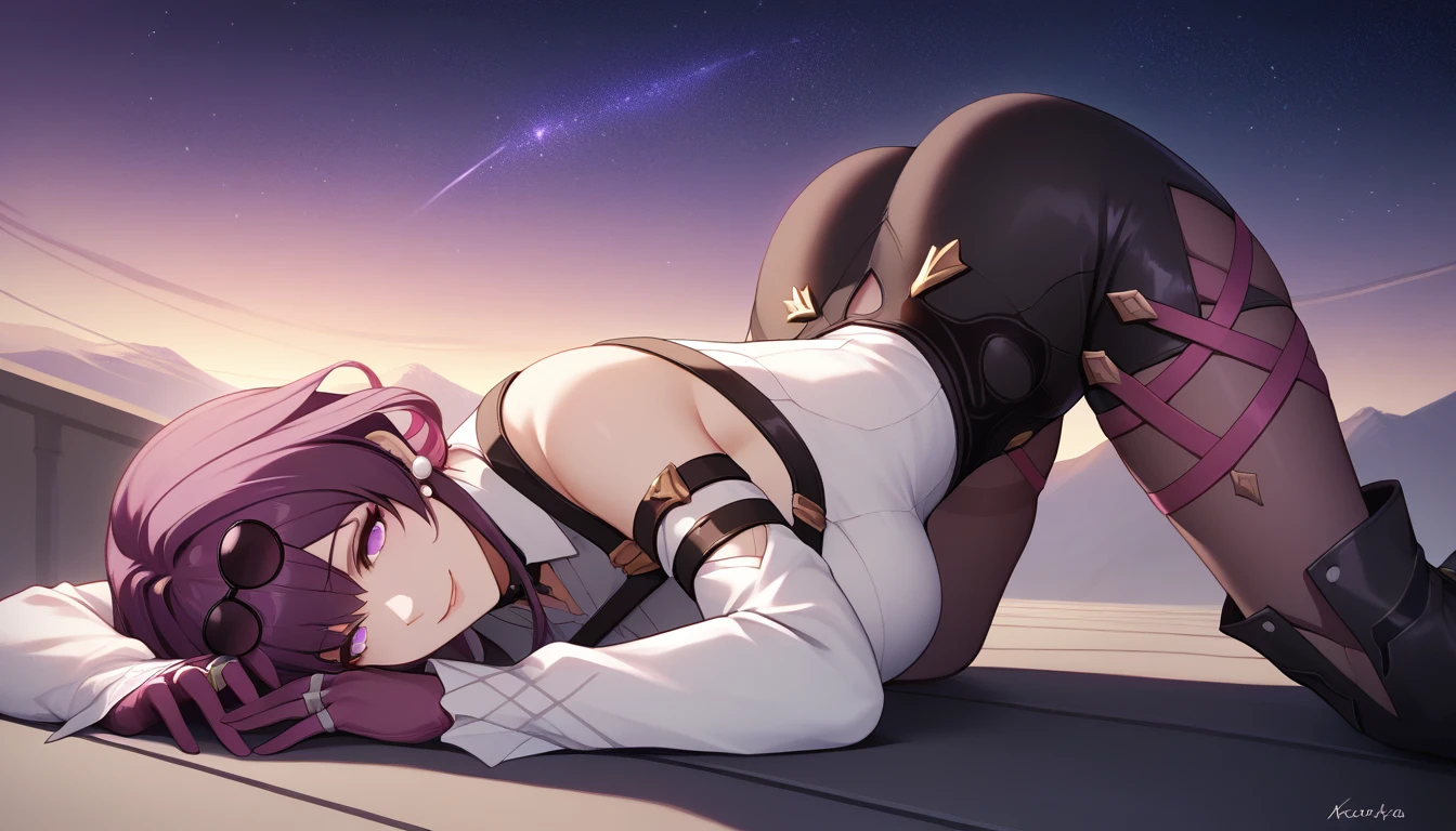 One Girl,Kafka, Purple eyes, Purple Hair, bangs, Side Lock, Please put your glasses on your head, earring, White shirt, Collared shirt, Long sleeve black jacket, Jacket on shoulders, Harness, Large Breasts, Purple gloves, Black shorts, High Waist Shorts, Purple thigh straps, Pantyhose, Single thigh high boots,There are no students, Black choker, ring, Expose your shoulders, pearl earring, Armband,masterpiece, Anatomically correct, 8k,(background,Starry Sky,detailed),Cowboy Shot, Top-down composition,Captivating smile,