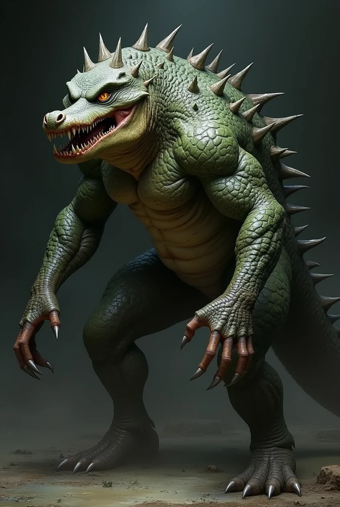 ((((No humans))))、Libra, reptiles, Humanity, Crocodile, green body, scale, There is nothing there, Crocodilian, facial, Muscular, green scale, teeth、get annoyed、Fighting stance、Movement angle、(White background)