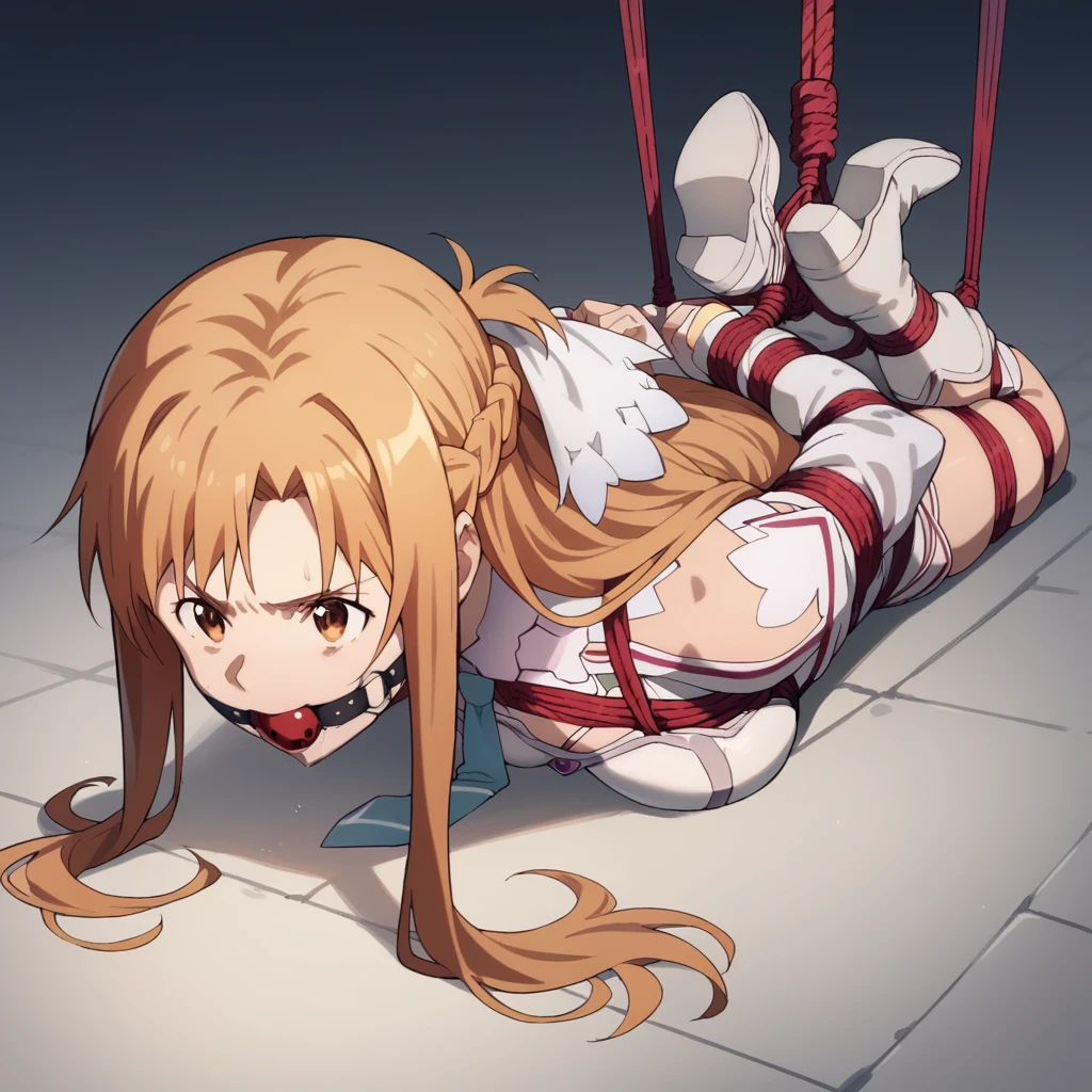 1girl,asuna,sword art online , kidnapped, rope bondage, full body, gagged, ballgag, rope, hands behind back,tie white boots