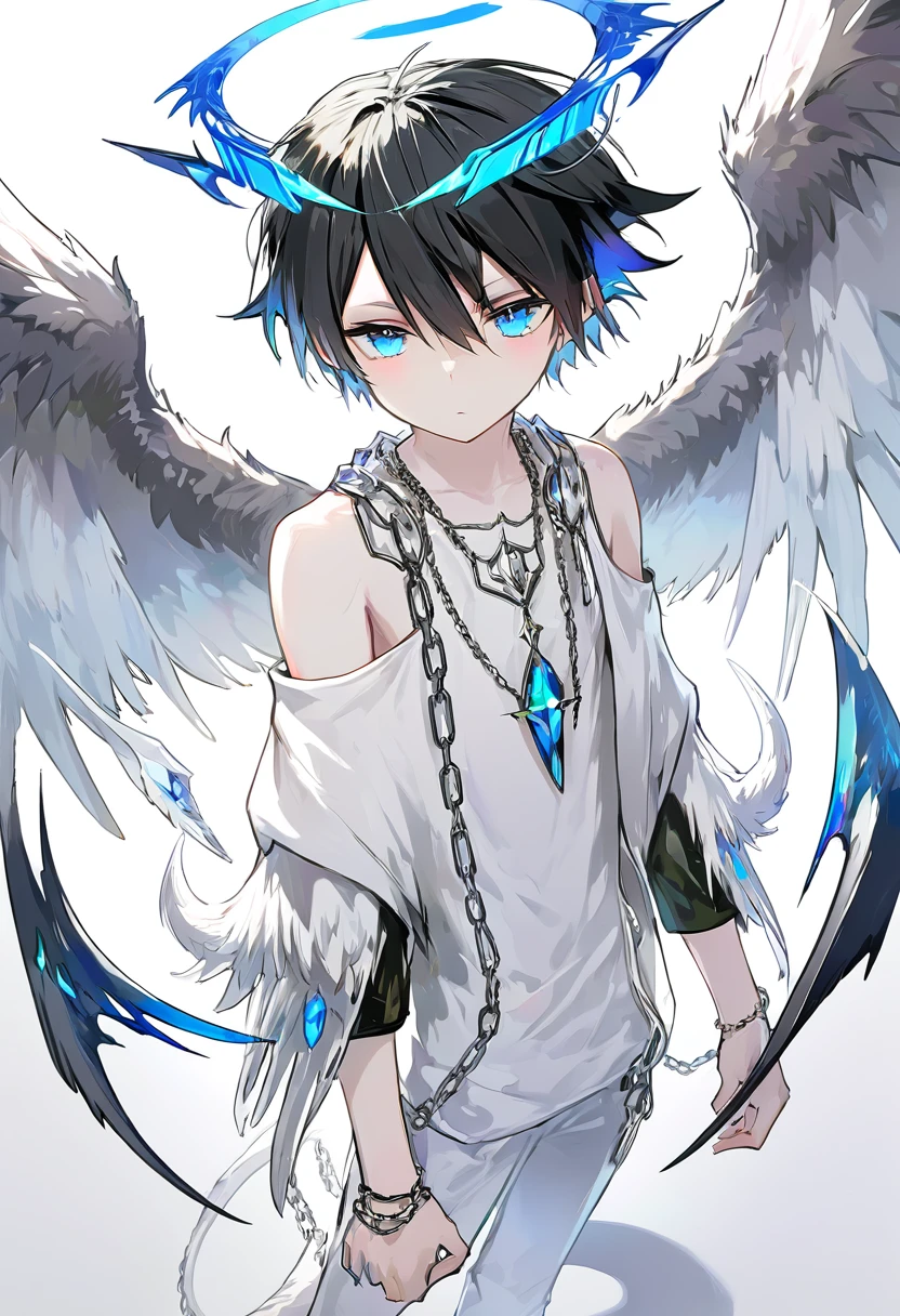 blue eyes, 1boy, black short hair, narrow tail, full body, white hair, male focus, multicolored hair, white angel wings, plain white background, chains, colored skin, fangs, claws, sharp fingernails, monster boy, colored tongue, white crystal horns, cursed pattern, expressionless