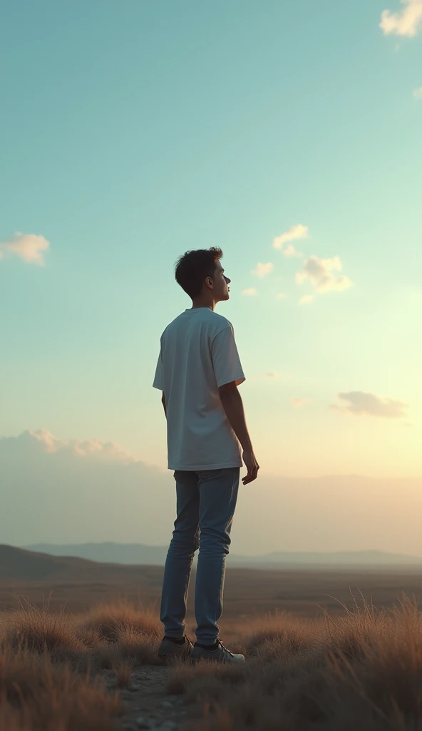 22 year old young man standing on the road with the sky behind him in casual clothes