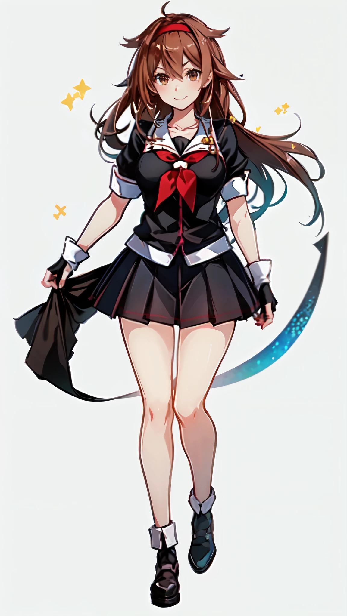 Best Quality, masterpiece, High resolution, One person, {Kantai Collection_White Dew:1.15} Brown Hair、Long Hair、Thighs、Short sleeve、Pleated skirt、Hairbands、Seraph、Black gloves、Fingerless gloves、Black Skirt、neckerchief、Medium breast、White background、Full body view、smile、