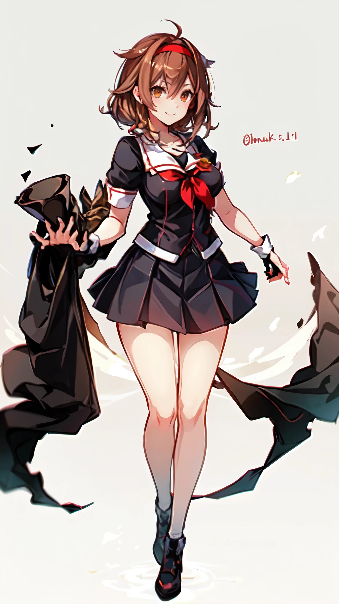 Best Quality, masterpiece, High resolution, One person, {Kantai Collection_White Dew:1.15} Brown Hair、Long Hair、Thighs、Short sleeve、Pleated skirt、Hairbands、Seraph、Black gloves、Fingerless gloves、Black Skirt、neckerchief、Medium breast、White background、Full body view、smile、