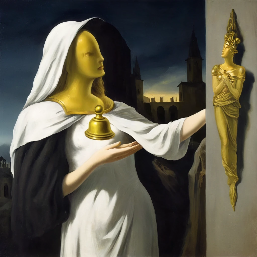 a very pale skinned european woman, covered by a white shroud with gold jewelry, she holds a golden bell in her hand , long dark hair, surrounded by will-o'-the-wisps, ruins of a large foggy medieval city at night in background, detail richness, masterpiece, best quality, caravaggio painting style, painting style