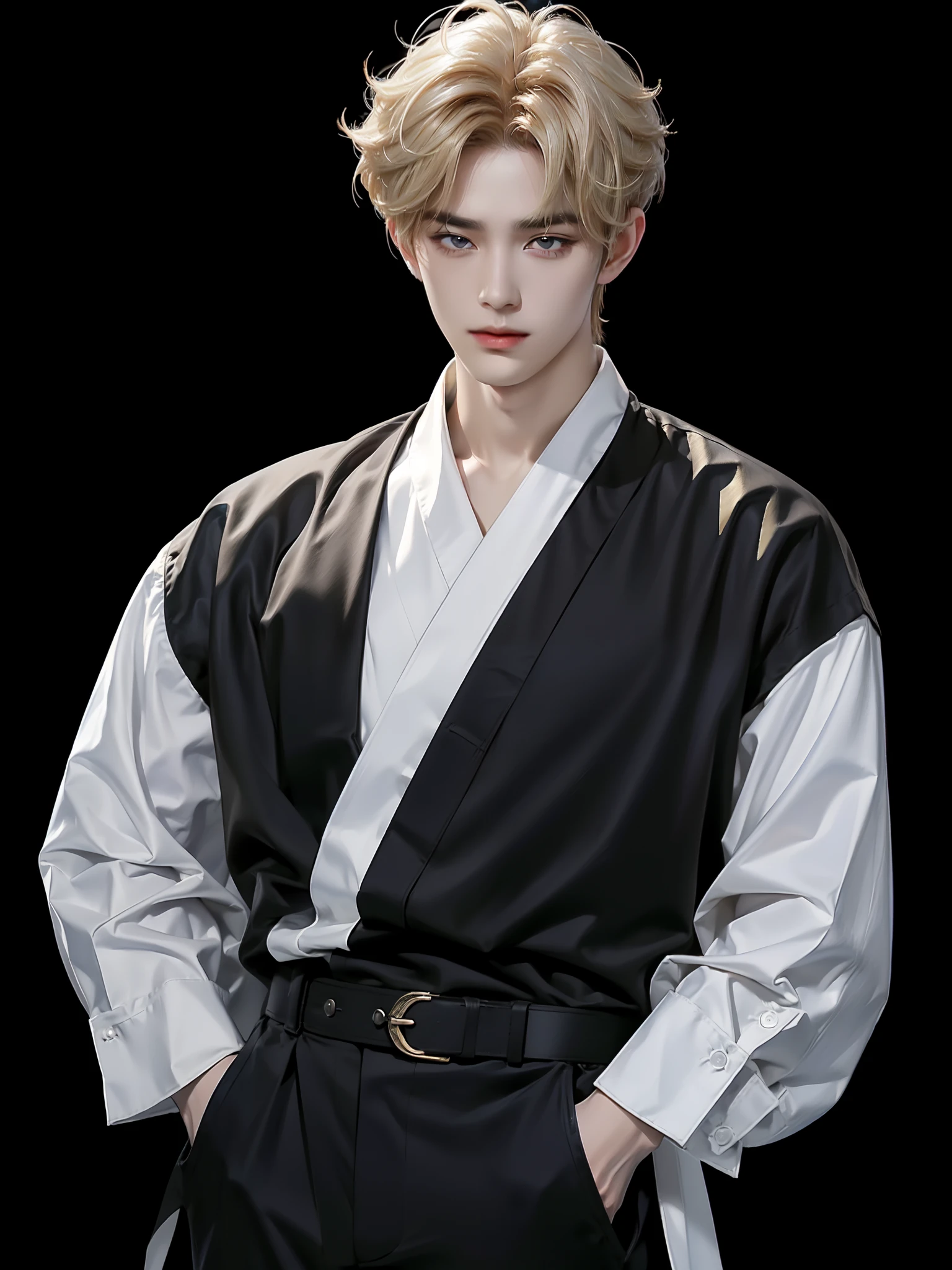 "The 20-year-old Goku is a true masterpiece of male beauty, perfect ???????. He wore a martial arts suit. When looking into beautiful eyes, with a sensual gaze, attracts the opposite His eyes are on the viewer you can clearly see every little detail and perfect lines, beautiful leather details in 8K quality, one is attracted by the confidence radiating from each look. His head is framed with white hair, and his face is drawn with meticulous details in 8K quality images. He's wearing a tattered white outfit from combat, which adds to his overall confidence."