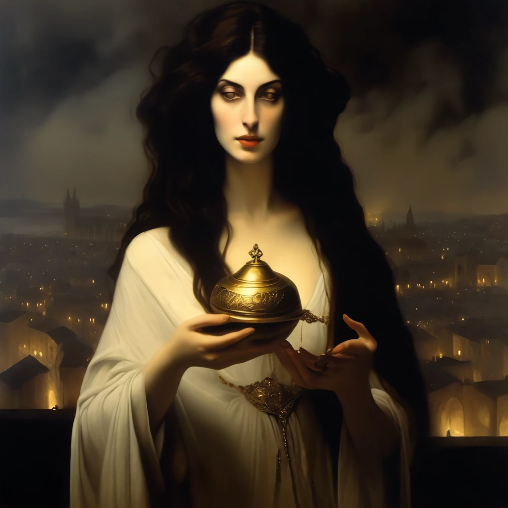 a very pale skinned european woman, covered by a white shroud with gold jewelry, she holds a golden bell in her hand , long dark hair, surrounded by will-o'-the-wisps, ruins of a large foggy medieval city at night in background, detail richness, masterpiece, best quality, caravaggio painting style, painting style