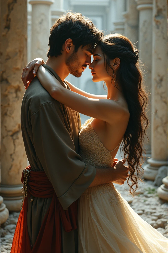 Magnificent detail, 8K Photos, hyper- realism, realistic background, visual depth, wide angle lens, professional lighting, foto pov rey. Photo captured behind the couple. {LnF [rey] looking ahead a couple composed of a [naughty man] A peasant and a [Woman] pobres que estão lado a lado, holding each other&#39;s hands in their Palace.} {or casal tem um [naughty man] dressed as a peasant, with an expression of sadness, desolated, looking at the floor.} {or [naughty man] is holding hands with her [Woman], que está ao seu lado direyto.} {a [Woman] She is beautiful, pobres, with messy hair. apesar da pobresza, a [Woman] She is very beautiful and attractive, his body has beautiful curves, delicious, mackerel.} {a [Woman] is taking off an overcoat-like jacket, showing off their sensual lingerie that partially shows breasts and groin.} {a [Woman] She has a sexually submissive expression.} {or [rey] She is 36 years old, bonitas, usa um manto típico de rey, wears a beautiful crown. He's sitting on the throne, adorned with gold, conveying an image of extreme power.} devotion. sensual photo. adult content.