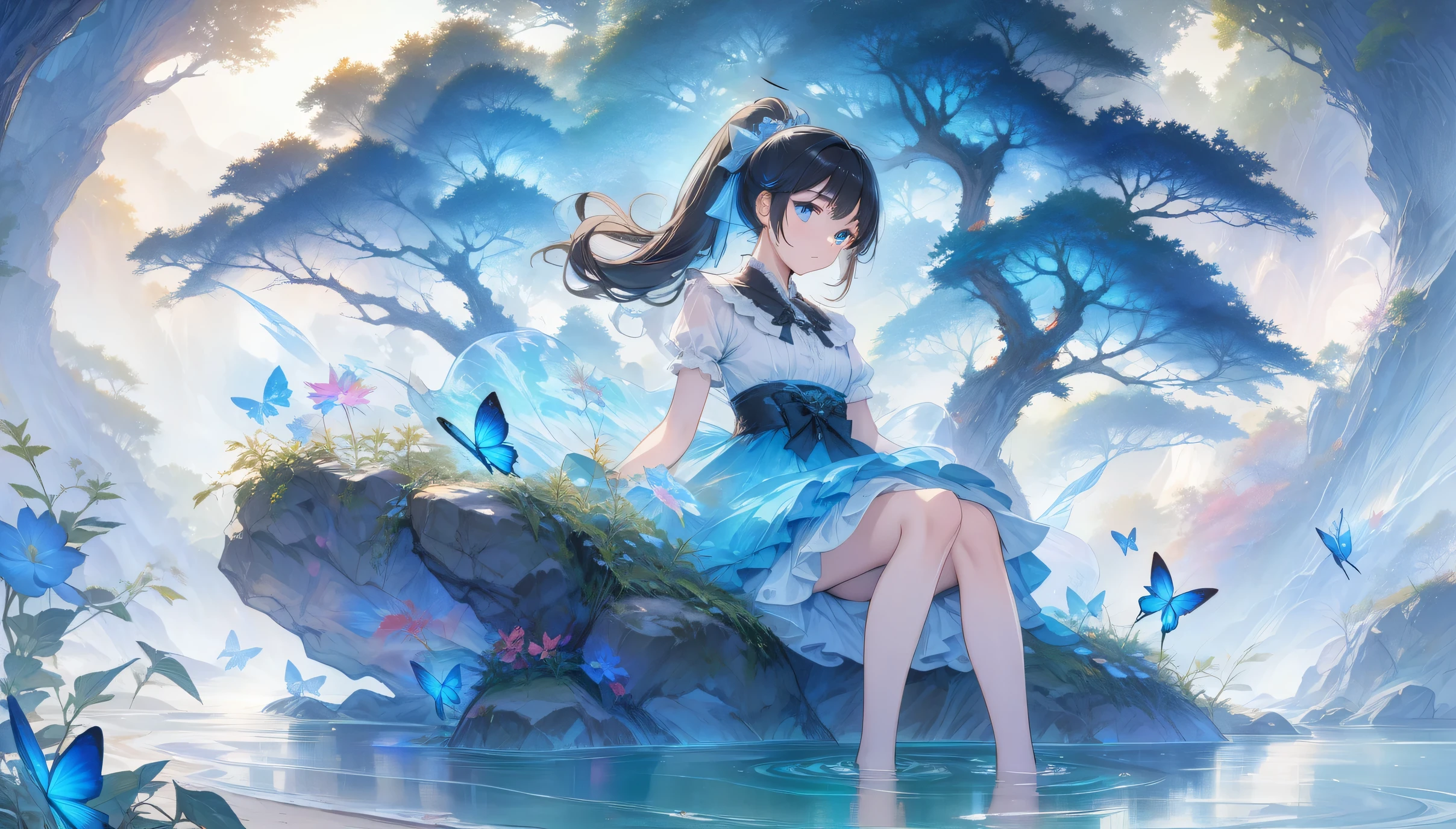 (Masterpiece), (Best Quality), Illustration, Extremely Detailed, HDR, Depth of Field, (Colorful), This is a masterpiece that exudes extraordinary quality. The illustrations are ultra-detailed and use HDR technology to create a sense of depth. The theme is original and exquisite, with beautiful art, bright colors and full of fantasy elements. The girl is sitting on the beach, surrounded by flowing water and the dark blue World Tree in the background. The tranquil and dreamy atmosphere gives the entire scene a soulful and charming quality. Her pale complexion, sparkling blue eyes and long black hair tied in a ponytail create a captivating portrait. She wears ta-style clothes, has a poker face, and a tight mouth. The background is available in white, transparent, and loop options, and there are also translucent blue butterflies flying around, adding vitality to the work.