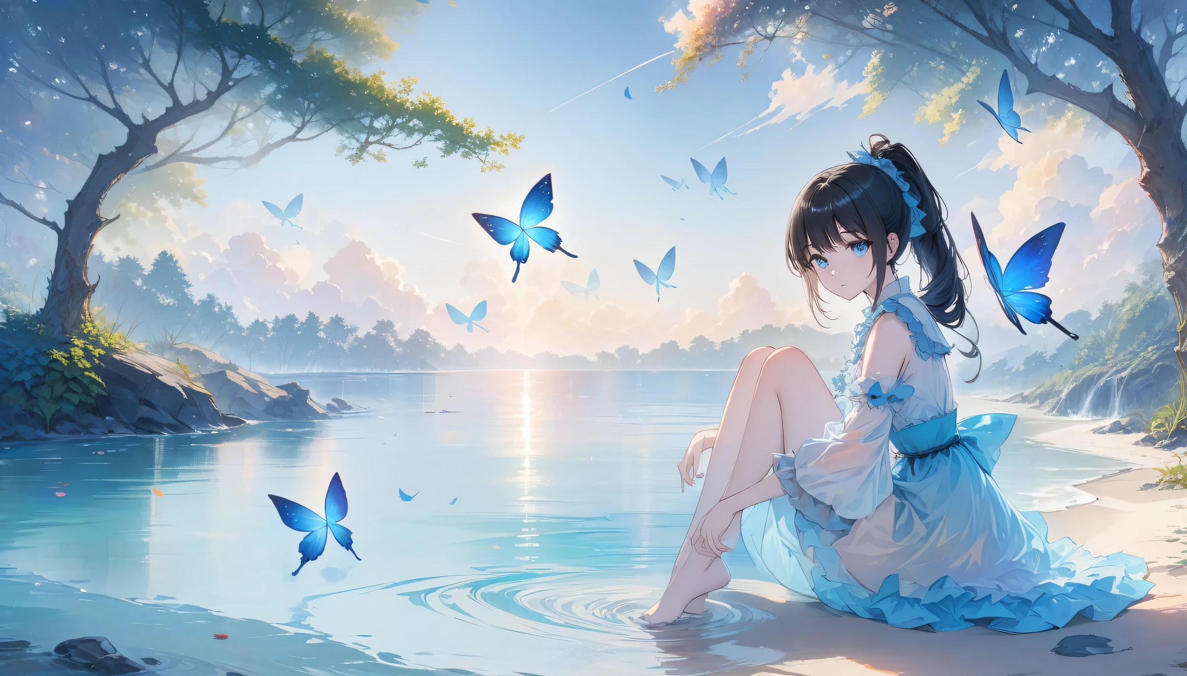 (Masterpiece), (Best Quality), Illustration, Extremely Detailed, HDR, Depth of Field, (Colorful), This is a masterpiece that exudes extraordinary quality. The illustrations are ultra-detailed and use HDR technology to create a sense of depth. The theme is original and exquisite, with beautiful art, bright colors and full of fantasy elements. The girl is sitting on the beach, surrounded by flowing water and the dark blue World Tree in the background. The tranquil and dreamy atmosphere gives the entire scene a soulful and charming quality. Her pale complexion, sparkling blue eyes and long black hair tied in a ponytail create a captivating portrait. She wears ta-style clothes, has a poker face, and a tight mouth. The background is available in white, transparent, and loop options, and there are also translucent blue butterflies flying around, adding vitality to the work.