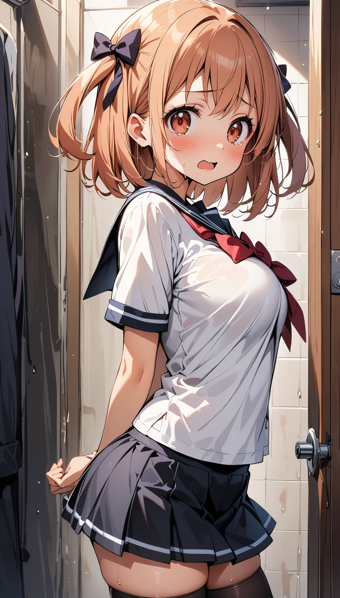 (curvy, medium breasts, tented shirt), (Sticky Sailor uniform, mini skirt), (((1girl, sasaki chiho, hataraku maou-sama!))), beautiful detailed eyes, red eyes,(cute eyes), black thigh highs, arms behind back, (Carving Waistline), Shower room, (cowboy shot, from left side), Best Quality, Super detailed, masterpiece, Ultra-high resolution, 8k, Embarrassing, blush, Nice, (With tears in my eyes), open mouth, sweat, (from left side), (from left side)