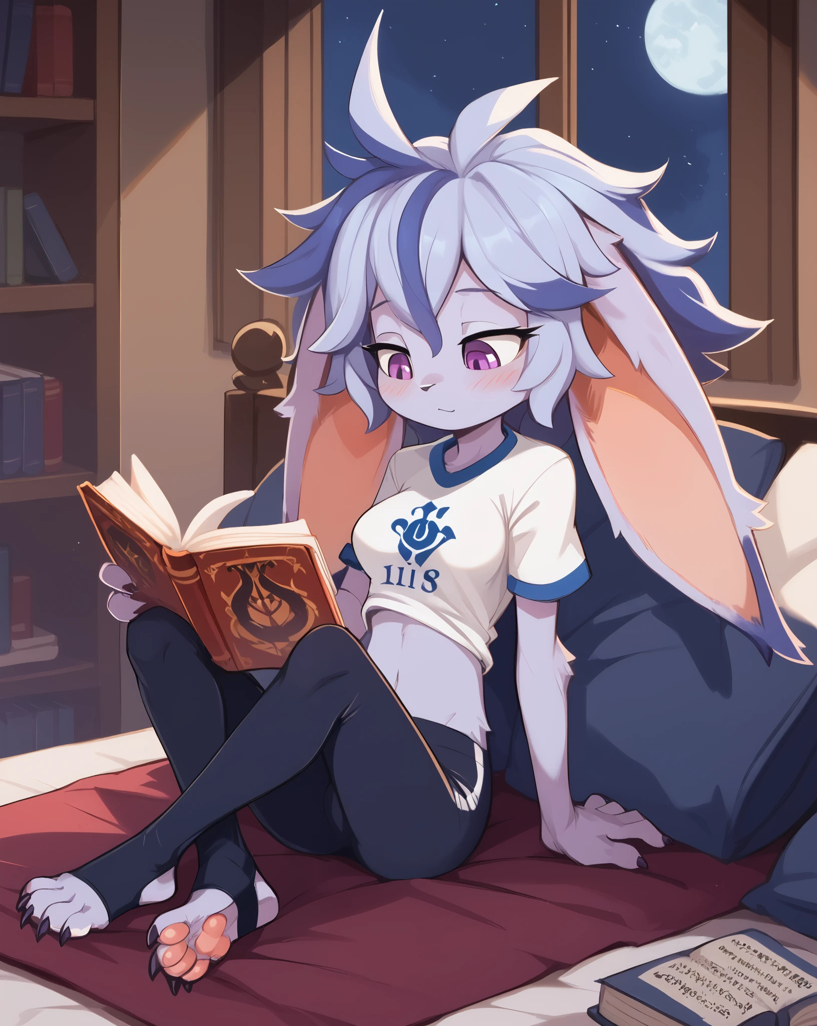 score_9, score_8_up, score_7_up, best quality, masterpiece, (absurdly high resolution:1.4), (short, diminutive, smol), yordle, (humanoid, light purple skin, purple eyes, (long ears, horizontal ears), long horizontal yordle ears, claws, feminine), barefoot, cute, adorable, slim, thin, (hair, fluffy hair,), large breasts, sleepy expression, blush lines, submissive), solo, isekai setting, apartment, night sky, Expressive, young, expressive, fantasy, paw pads, ears up, midriff, white t-shirt, stirrup legwear, reading a book, Correct number of toes on each foot, smiling,