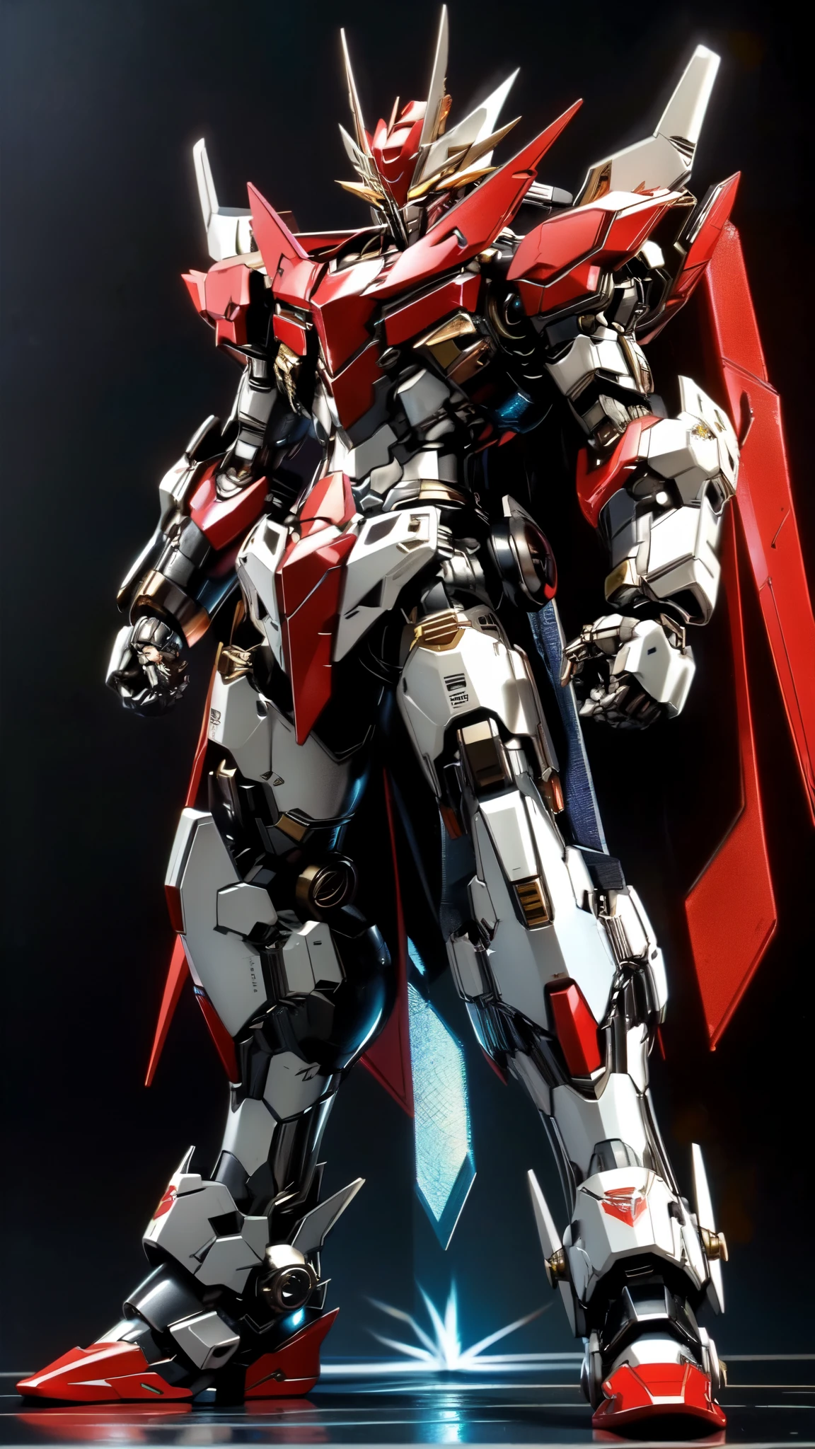 (masterpiece:1.5, best quality:1.5, extremely delicate:1.5), (male:1.5), humanoid Mecha, fully enclosed shoulder guards, matching arm and leg guards, full body, full armor, the design balances heavy with agility, (the color scheme is primarily Red with Black and White accents, the concept Inspired by Super Robot, SRS), organic biotech armor, standing, floating high above the futuristic sci-fi city, exquisite and mature art style, (aura effect, glowing eyes, the armor glows), metallic, dramatic, high definition, highres, ultra-detailed, ultra-fine painting, professional, perfect body proportions, anatomically correct, symmetrical face, extremely detailed eyes and face, high quality eyes, creativity, RAW photo, UHD, 32k, Natural light, cinematic lighting, masterpiece-anatomy-perfect