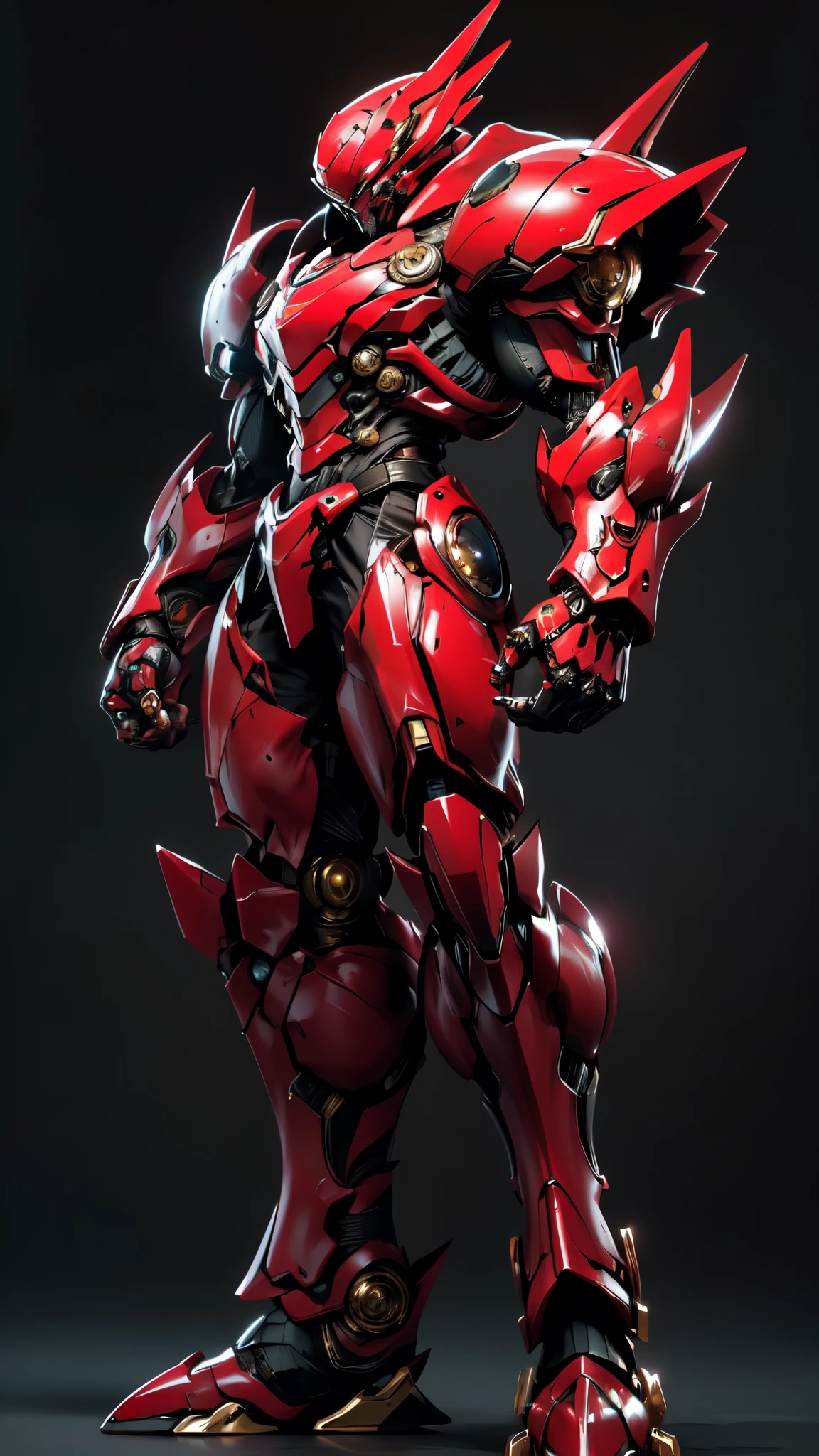 (masterpiece:1.5, best quality:1.5, extremely delicate:1.5), (male:1.5), humanoid Mecha, fully enclosed shoulder guards, matching arm and leg guards, full body, full armor, the design balances heavy with agility, (the color scheme is primarily Red with Black and White accents, the concept Inspired by Super Robot, SRS), organic biotech armor, standing, floating high above the futuristic sci-fi city, exquisite and mature art style, (aura effect, glowing eyes, the armor glows), metallic, dramatic, high definition, highres, ultra-detailed, ultra-fine painting, professional, perfect body proportions, anatomically correct, symmetrical face, extremely detailed eyes and face, high quality eyes, creativity, RAW photo, UHD, 32k, Natural light, cinematic lighting, masterpiece-anatomy-perfect