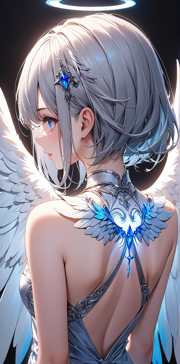 masterpiece, 8k, best quality, highly detailed, a human female with large blue & white swan wings on her back