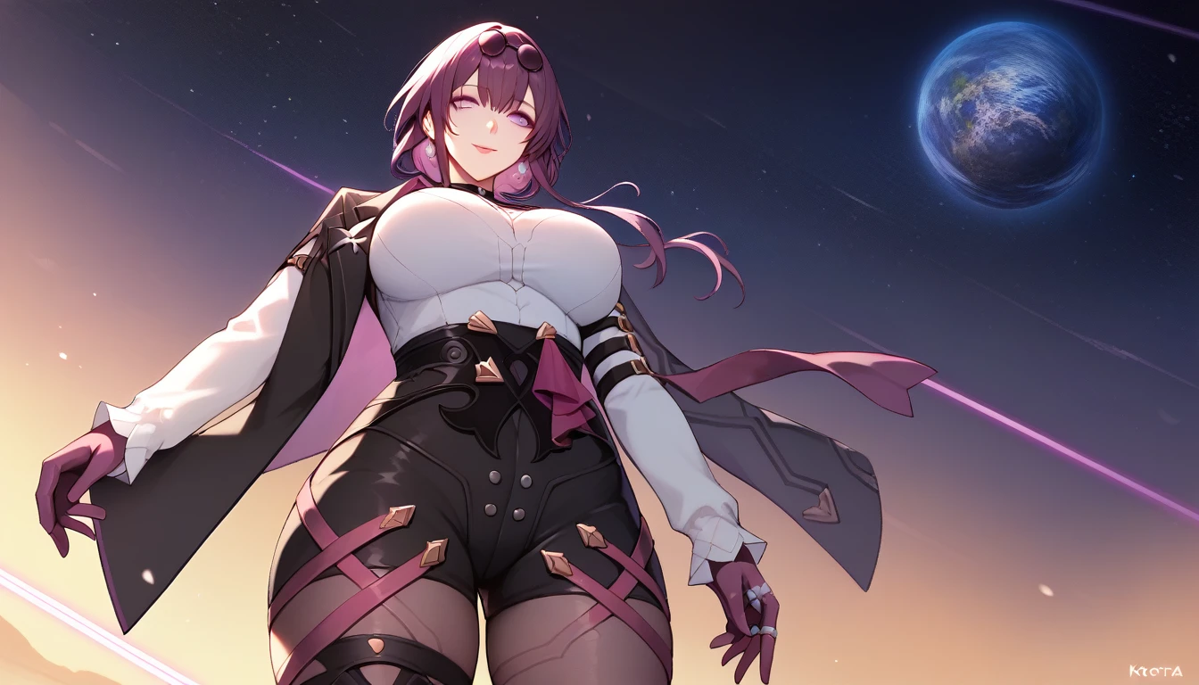 One Girl,Kafka, Purple eyes, Purple Hair, bangs, Side Lock, Please put your glasses on your head, earring, White shirt, Collared shirt, Long sleeve black jacket, Jacket on shoulders, Harness, Large Breasts, Purple gloves, Black shorts, High Waist Shorts, Purple thigh straps, Pantyhose, Single thigh high boots,There are no students, Black choker, ring, Expose your shoulders, pearl earring, Armband,masterpiece, Anatomically correct, 8k,(background,universe space,detailed),Cowboy Shot, Composition looking up from below,Captivating smile,