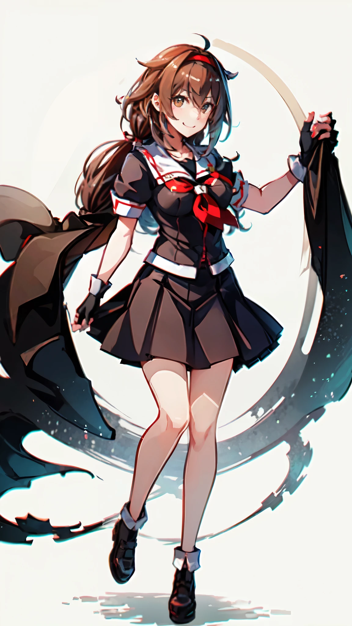 Best Quality, masterpiece, High resolution, One person, {Kantai Collection_White Dew:1.15} Brown Hair、Long Hair、Thighs、Short sleeve、Pleated skirt、Hairbands、Black Sailor Suit、Black gloves、Fingerless gloves、Black Skirt、neckerchief、Medium breast、White background、Full body view、smile、