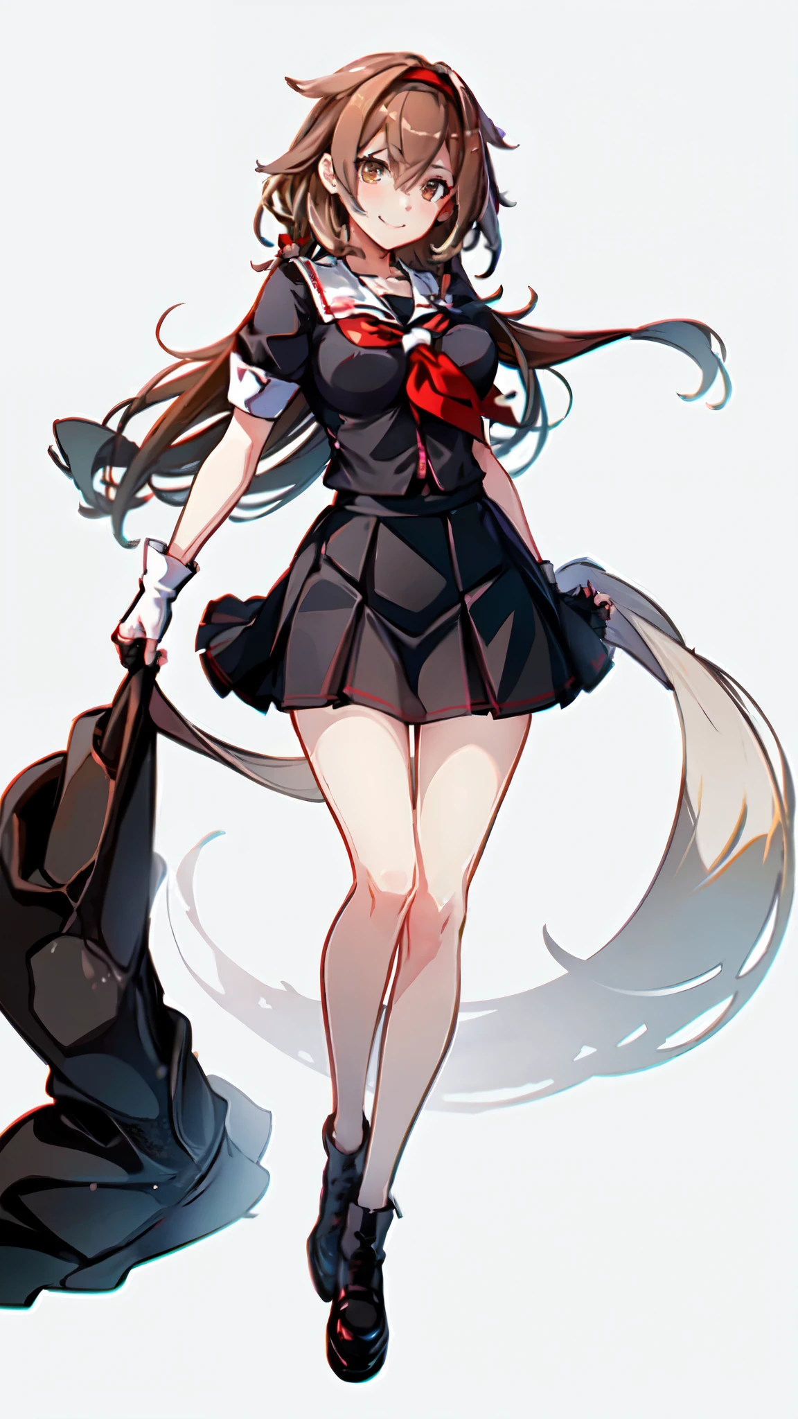 Best Quality, masterpiece, High resolution, One person, {Kantai Collection_White Dew:1.15} Brown Hair、Long Hair、Thighs、Short sleeve、Pleated skirt、Hairbands、Black Sailor Suit、Black gloves、Fingerless gloves、Black Skirt、neckerchief、Medium breast、White background、Full body view、smile、