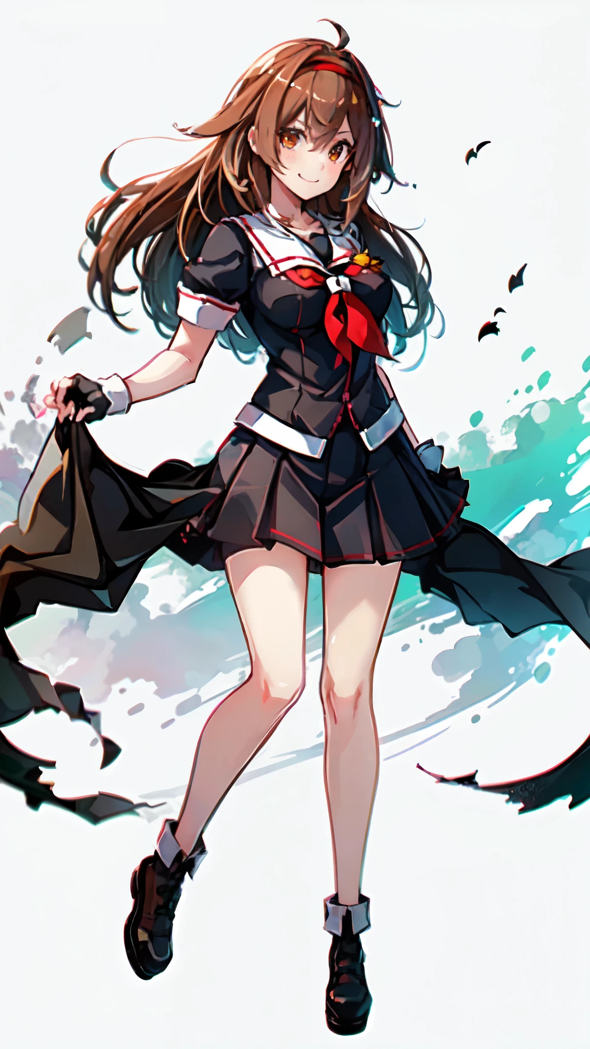 Best Quality, masterpiece, High resolution, One person, {Kantai Collection_White Dew:1.15} Brown Hair、Long Hair、Thighs、Short sleeve、Pleated skirt、Hairbands、Black Sailor Suit、Black gloves、Fingerless gloves、Black Skirt、neckerchief、Medium breast、White background、Full body view、smile、