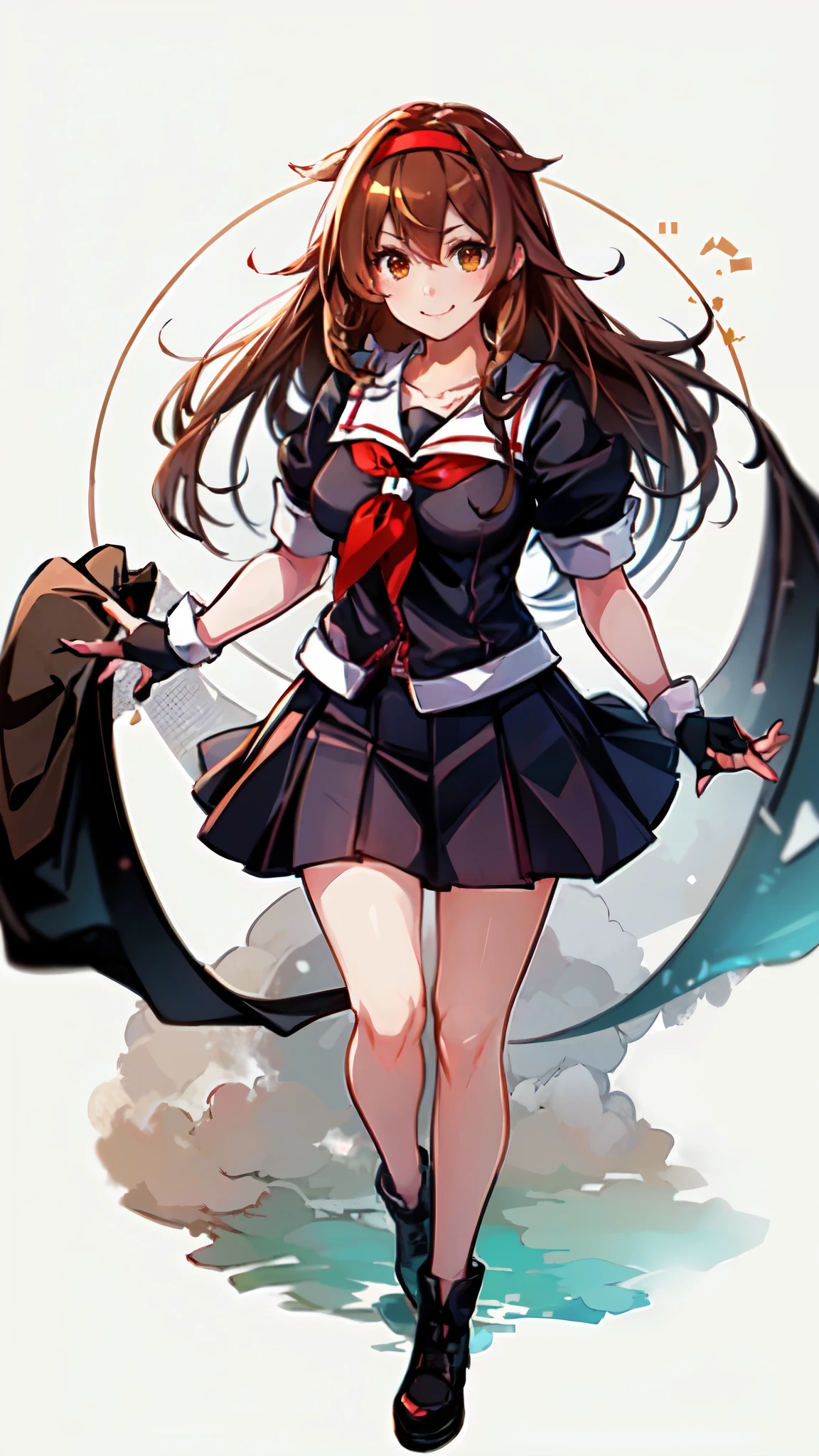 Best Quality, masterpiece, High resolution, One person, {Kantai Collection_White Dew:1.15} Brown Hair、Long Hair、Thighs、Short sleeve、Pleated skirt、Hairbands、Black Sailor Suit、Black gloves、Fingerless gloves、Black Skirt、neckerchief、Medium breast、White background、Full body view、smile、