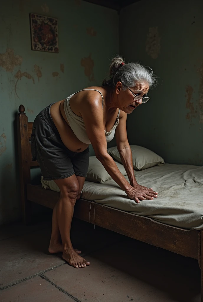 An elderly woman aged 65, with an easy, suffering expression and strong features, with a big nose, thick eyebrow, with an obese body weighing 65 kilos, 167 centimeters tall, thick legs and very large, saggy breasts, with a vagina with short, gray hair, with long black hair. She is completely naked, wearing prescription glasses and wearing flip flops. She is seen in full body lying on her back with her legs open., top view of a bed and a humble room at night with low lighting