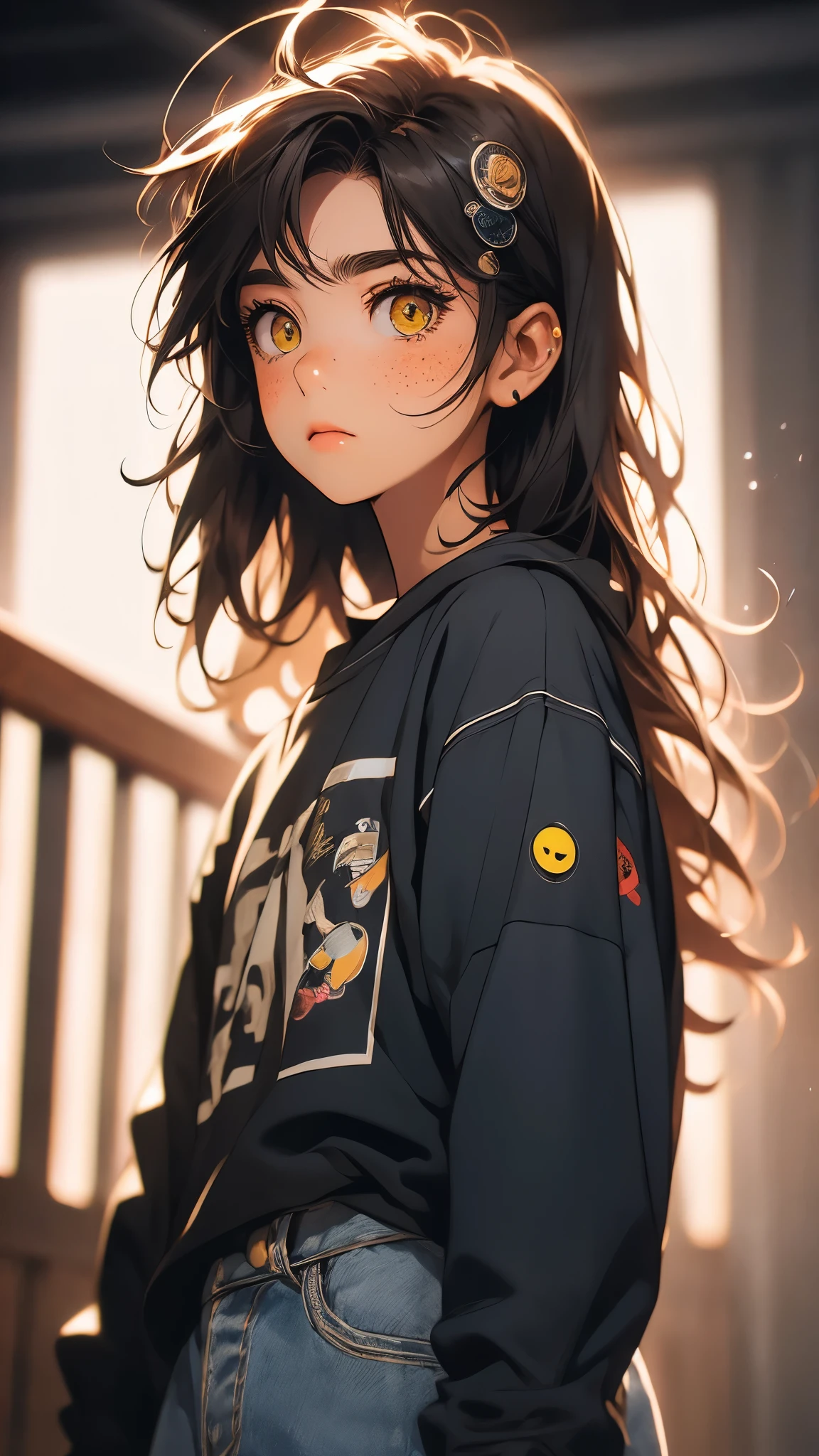 ((Masterpiece)), envision a 8k, highres, cinematic, extremely beautiful semi realistic close up portrait of a cute tomboy with a slender body, choppy gray hair, side locks, long sweeping bangs, ((yellow eyes)), soft lips, lip gloss, ((ahoge)), ((freckles)), big eyes, (wolf ears), wolf tail, thick eyebrows, round face, baggy shirt, skater girl, ((((1girl)))), in dark lighting, against a dark gray background