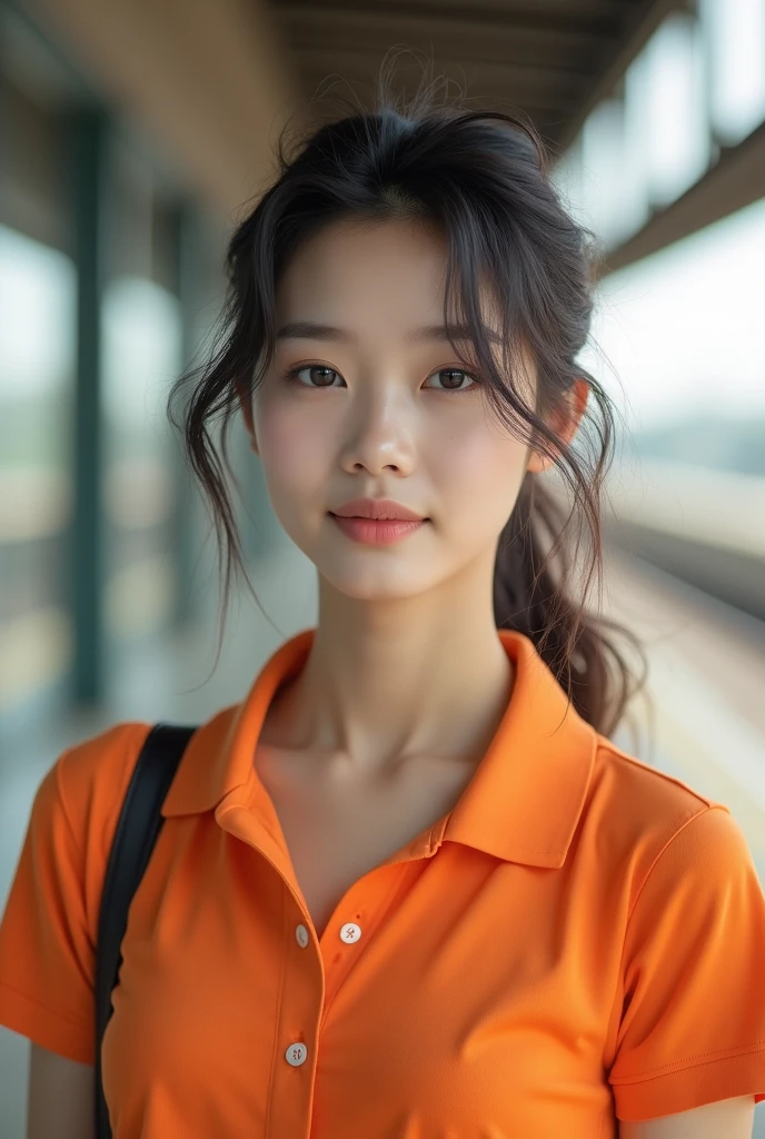 realistic photos of (1 cute Korean star) flipped hair, thin makeup, medium breasts size, orange polo shirt, at the train station, clear facial features of Canon EOS, 16k, high resolution, sharp and realistic details, overexposure, cut-in, UHD, highres, best quality