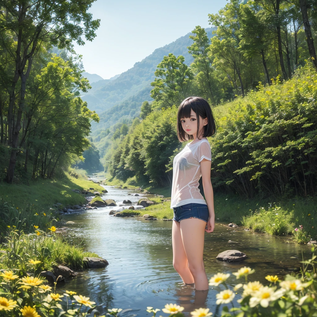 Naked beauty, free pose, beautiful legs, full body shot, double beautiful lapis lazuli eyes, chestnut berry short hair, large chest, accentuating ripped abs, near a large waterfall, professional photo, master piece, high quality, 8K, high contrast, super resolution, colorful,