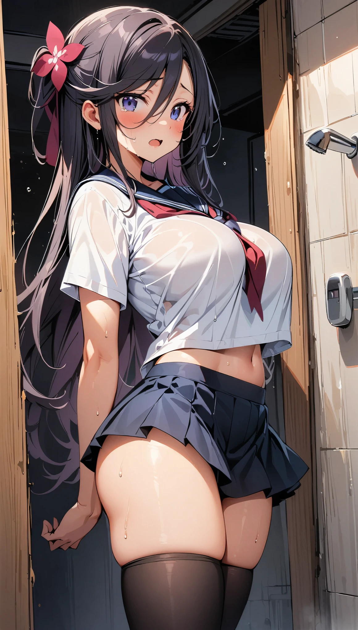 A beautiful female high school student with long black hair, a voluptuous figure with large breasts and hips, wearing a wet white panty, viewed from behind as she lifts her navy blue pleated skirt on the veranda on a rainy day, blushing cheeks, glistening eyes, an expression of shyness, an erotic and sensual atmosphere, wet hair, wet skin, and wet clothes.