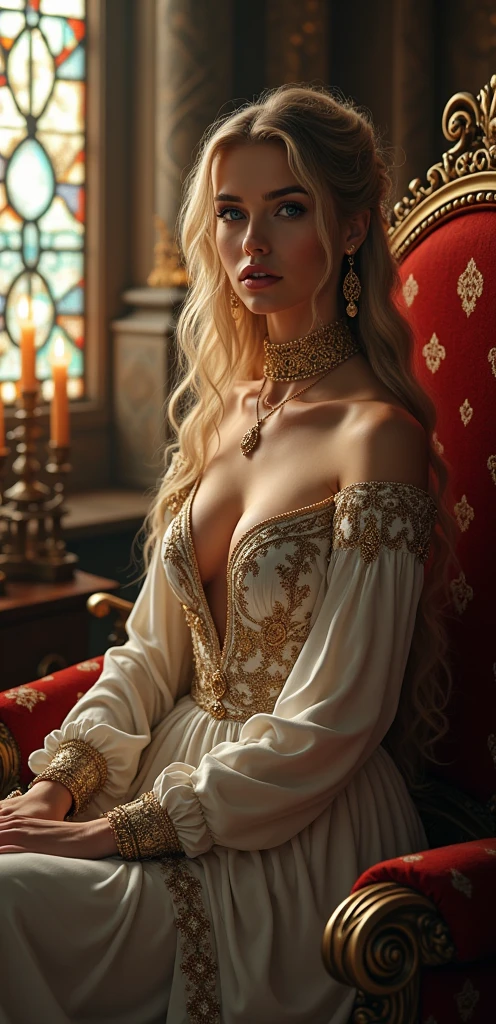 Majestic queen woman blue color sitting big breast blonde hair with crown tender smiling
