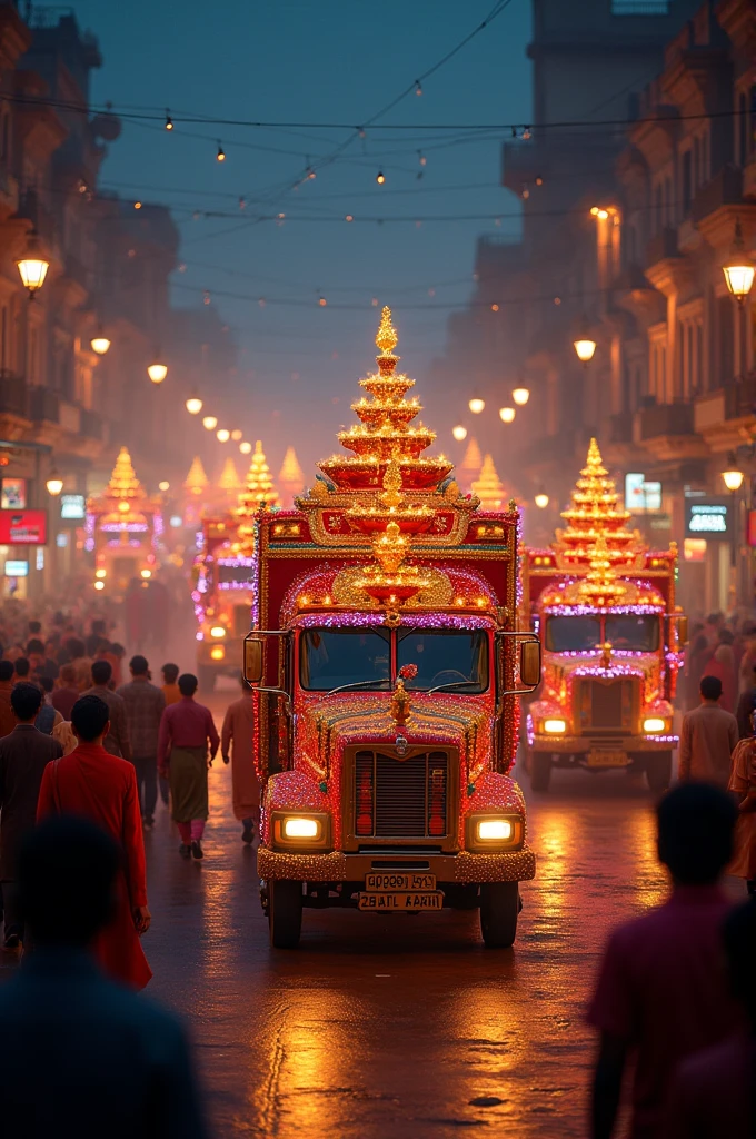 On the street,A grand festive parade is underway。People wear traditional clothing,Dance,Hold aloft a variety of richly decorated flags and props。