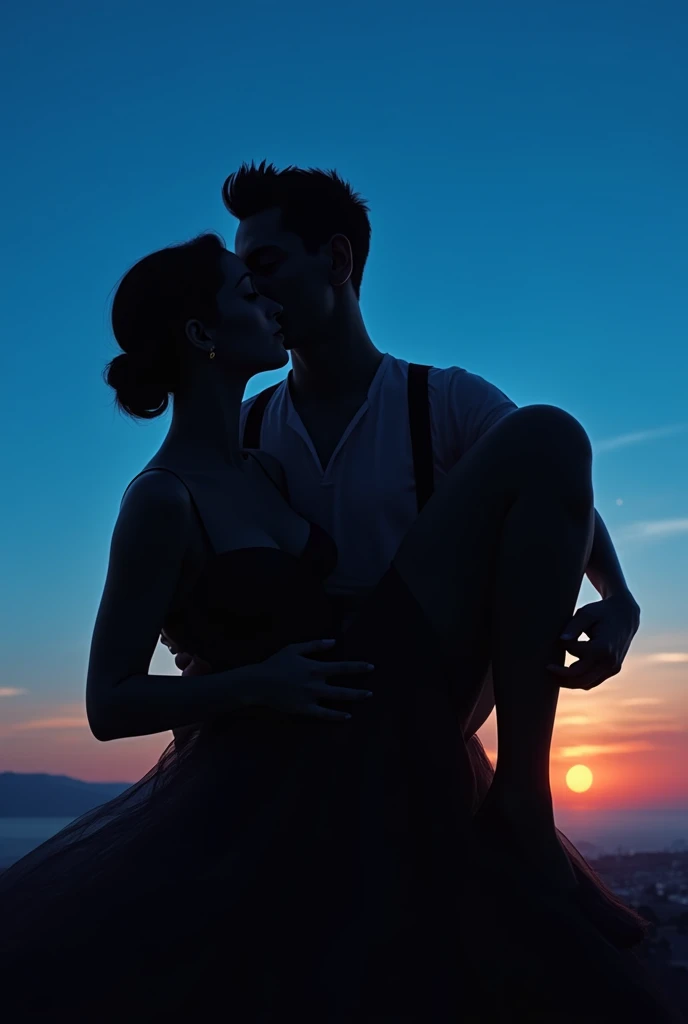 a girl in transparent long dress dance tango with a man at parklake in the moonlight