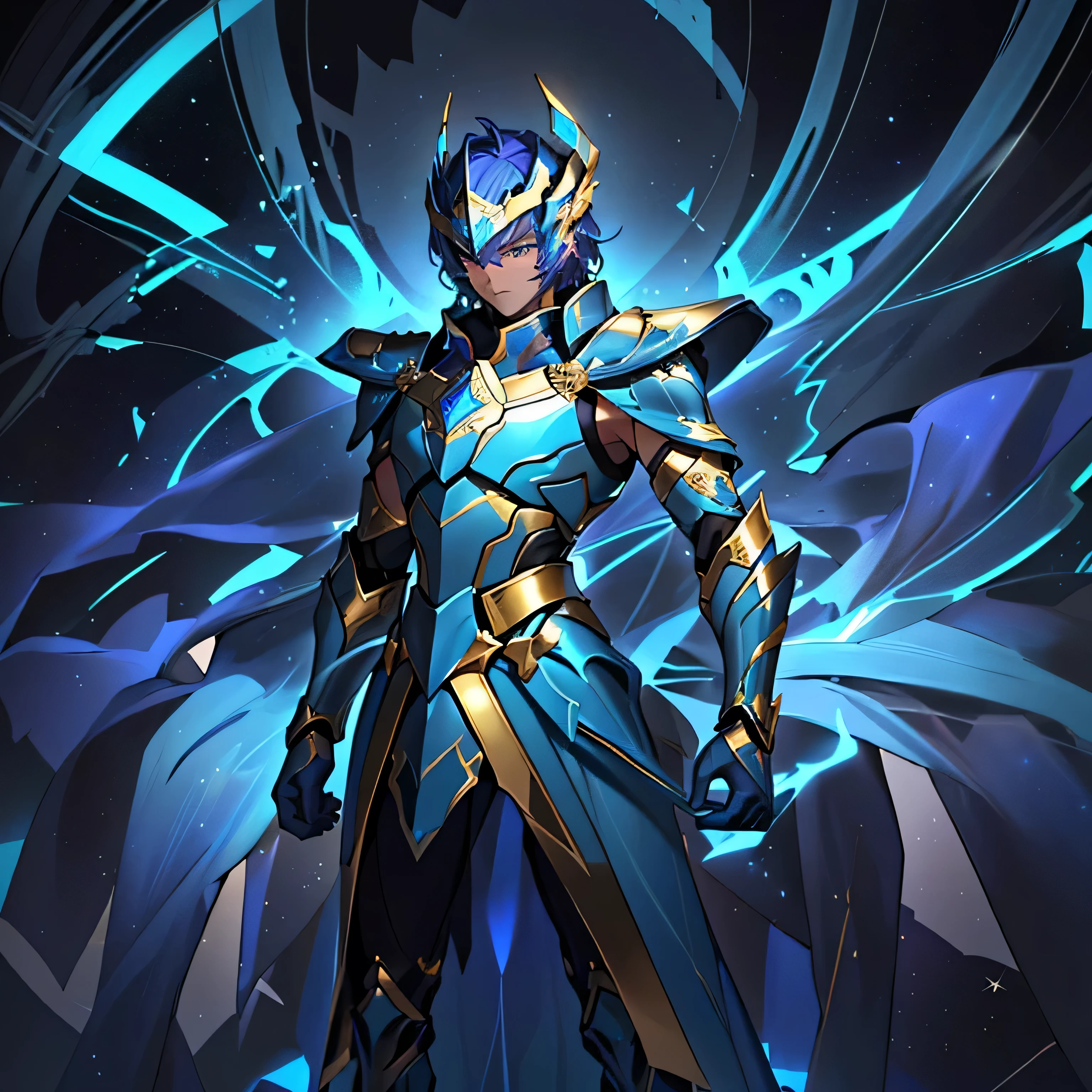 A drawing of a man in a golden and blue futuristic armor, featuring sleek plates that merge seamlessly across the body. Inspired by Knights of the Zodiac, the armor's chest plate extends into large, integrated shoulder pieces that flow smoothly from the chest to the upper arms without creating separate shoulder pads. The high collar wraps tightly around the neck, rising from the back and sides for added protection. The helmet has a central crest, and its blue visor glows brightly, enhancing the high-tech look. The chest plate is adorned with a glowing central gem, with angular lines emphasizing its regal yet futuristic design. The armor’s segmented leg and arm plates are golden with hints of purple and dark blue, conveying both strength and agility. Set against a cosmic background, the reflective surfaces of the armor stand out, illuminated by distant stars, with the overall look exuding a powerful and commanding presence.