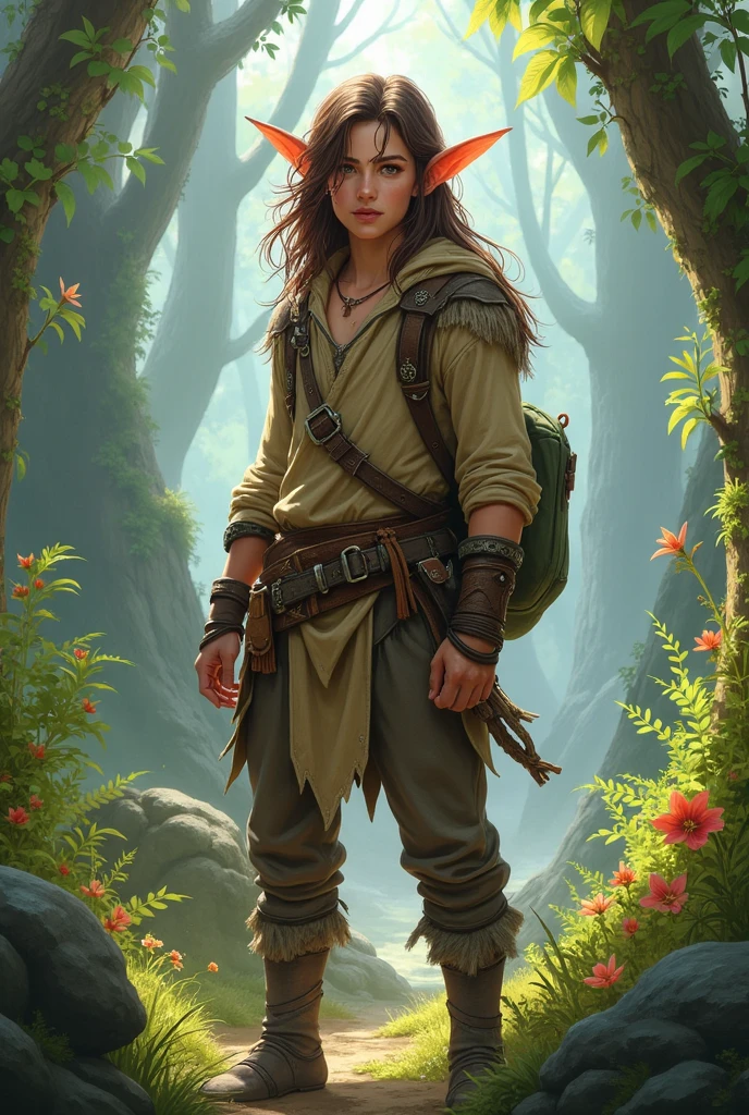 (8k, RAW photo, best quality, masterpiece:1.2), (realistic, photo-realistic:1.4)wide shot,realistic photo,Tasslehoff Burrfoot, often simply called Tas, is a kender and one of the main characters in the Dragonlance saga. Here are even more details about his appearance: Hair: Brown hair, which he wears in a signature topknot. This braid is a trademark of the kender and gives a youthful and adventurous look. Eyes: Brown eyes that often sparkle with curiosity and mischief. His eyes reflect his unwavering curiosity and mischievous personality. Face: A broad smile and a clear, bright alto voice. Body build: He is just under 1.20 meters tall (4 feet) and has a slim build with narrow, pointed ears. His small size and slim build make him agile and skilled, which helps him in many situations. Clothing: Often wears practical clothing appropriate for his adventures. He always has a variety of bags and pouches with him in which he stores his “found” treasures. These bags are often filled with all sorts of useful (and sometimes useless) items that he has collected on his travels. Accessories: Tas often wears a variety of small trinkets and souvenirs that he has collected on his adventures. These items often have personal meaning and remind him of his many experiences.