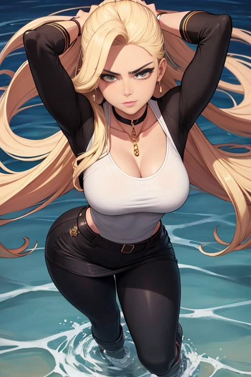 Cel-shaded, color manga, seed 156378292. The background is a sunset harbor, full-body angle. The overall image should feature strong, vivid lines and cel-shaded coloring with high contrast. The sunset glow should reflect off her skin and hair, creating a warm, radiant effect. A beautiful woman with long blonde hair that flows naturally down to her shoulder blades, reflecting light and shining brightly in a golden hue. Her face is sharp with high cheekbones and a defined jawline. Her eyes are striking brown, conveying a strong will and determination. Her eyebrows are thin, sharp, and straight, expressing her confidence and strength. Her nose is straight, and her lips are somewhat thick but tightly closed, giving her an expression of provocation and confidence. She is dressed in a white T-shirt with a low-cut chest design, clearly revealing her neckline and emphasizing her upper body. She is wearing a black mini-skirt, which emphasizes her slender yet muscular figure. Around her neck is a pearl necklace, and she has gold bracelets on both wrists. Her large chest is a prominent feature, emphasized by the tight fit of the T-shirt, highlighting her curvy and muscular figure. Her physique is slender but muscular, with well-defined abs and arms, showing she is fit and trained. She is over 170 cm tall with a well-balanced figure. Her large chest, tight waist, and long legs are distinct features that combine femininity and strength. She has a cigarette casually placed in her mouth, further emphasizing her rebellious attitude. Do not include any accessories not mentioned in the prompt. She is holding two black pistols, mid-action, standing with legs slightly apart and bent knees in a strong battle-ready stance. Ensure the full-body angle captures her entire figure from head to toe, with her feet firmly planted on the ground.
