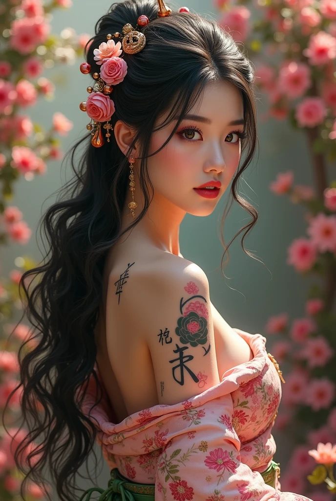 Waist-length view. A detailed drawing of a geisha midriff portrait made with a thin black pencil in shades of gray and red (flowers, tattoo). View from behind, up to the waist, she squints at the viewer, turning over her left shoulder. Naked thin shoulders. Japanese geisha makeup, elegant tattoos with dragons and flowers. Complicated hairstyle, red flowers in her hair. Long eyelashes, a very beautiful slender sexy young Japanese woman, white skin. Master's drawing, very high quality, photographic accuracy.