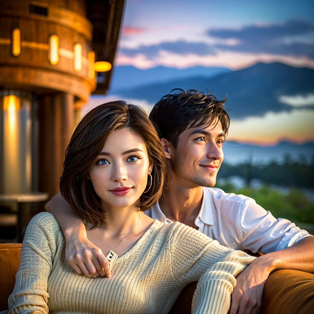 ((Highest quality、、masterpiece:1.3))、1 male、1 female,44 years old 39 years old、Shine the light on my face、Slim Beauty、Beautiful couple、Upper Body、smile、 (Slim face), (the body is スリム), (Brown Hair), (Shortcuts), テーブルのフルコースディナーとwine glass、Amazing view of the sunset sky and clouds、smileの美しさ、Wine bottle、sparkling wine、Long sleeve shirt、dress、White wine, red wine, wine glass, Beautiful fine grain, Depth f/2,saturation, High Contrast, Strong light and shadow,Moist Body:1.5、 texture、The hair is very shiny、