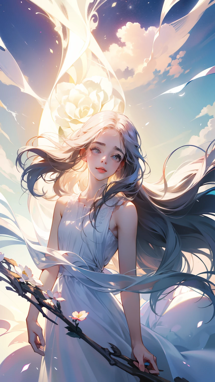 An 1 girl is wearing a rosa rose, long hair, Sleeveless White Dress, holding a rosa rose. Feeling the scent of the flower, bright fantasy, surrealism, Michael Cormac, rosa, Monochromatic tranquility, Bright atmosphere, Sun light, Happiness, Happiness, It's a smile,
