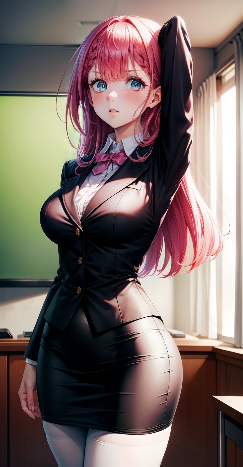 High Resolution, HD, Best Quality, Extremely Detailed, masterpiece, (best quality), 1 woman, 1 girl, Mafuyu Kirisu, long pink hair, female, (((White Collared Shirt))), ((Black Pencil Skirt)), (Black Pantyhose), ((tight closed clothes)), Slim Body, (Medium Breasts), (Thin Waist), (Wide Hips), (Heart Shaped Butt), sexy woman, (Nothing in hands), vibrant colors, natural lighting ,RTX, , blushing, beautiful, (detailed face:1.2), showcase, (perfect eyes:1.1), 8K UHD, (looking at viewer), in the classroom, simple backround