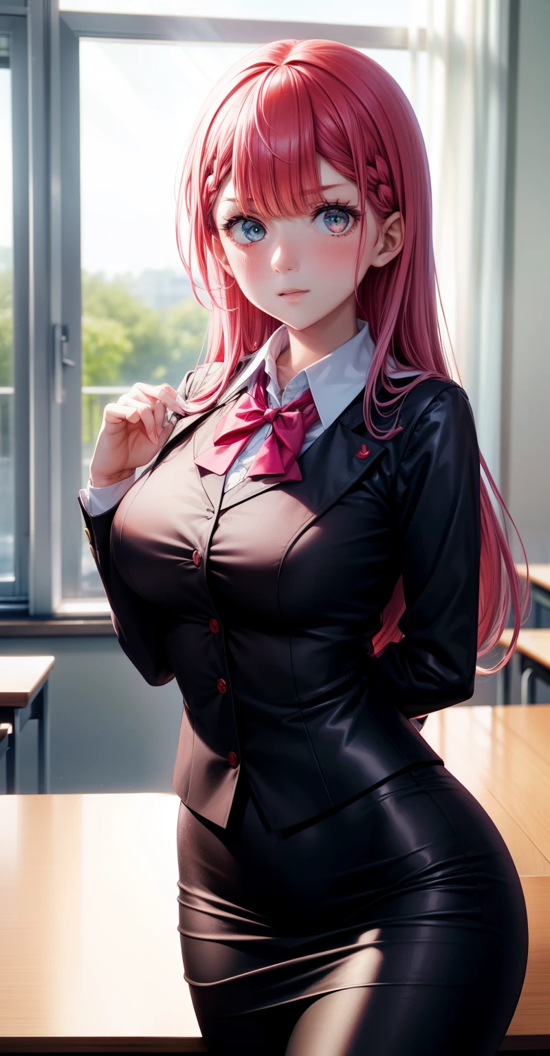 High Resolution, HD, Best Quality, Extremely Detailed, masterpiece, (best quality), 1 woman, 1 girl, Mafuyu Kirisu, long pink hair, female, (((White Collared Shirt))), ((Black Pencil Skirt)), (Black Pantyhose), ((tight closed clothes)), Slim Body, (Medium Breasts), (Thin Waist), (Wide Hips), (Heart Shaped Butt), sexy woman, (Nothing in hands), vibrant colors, natural lighting ,RTX, , blushing, beautiful, (detailed face:1.2), showcase, (perfect eyes:1.1), 8K UHD, (looking at viewer), in the classroom, simple backround