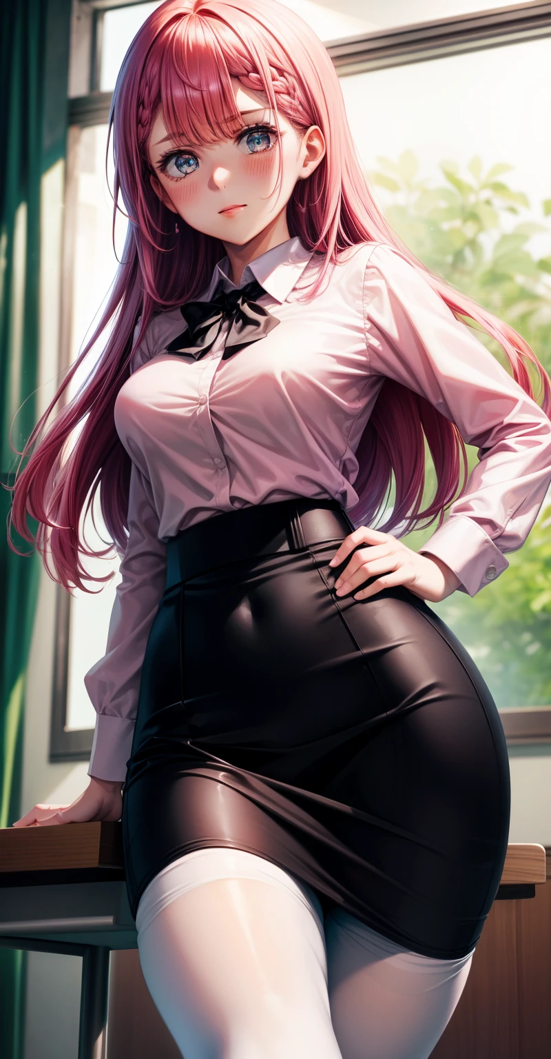 High Resolution, HD, Best Quality, Extremely Detailed, masterpiece, (best quality), 1 woman, 1 girl, Mafuyu Kirisu, long pink hair, female, (((White Collared Shirt))), (((Black Pencil Skirt))), ((Black Pantyhose)), ((tight closed clothes)), Slim Body, (Medium Breasts), (Thin Waist), (Wide Hips), (Heart Shaped Butt), sexy woman, (Nothing in hands), vibrant colors, natural lighting ,RTX, , blushing, beautiful, (detailed face:1.2), showcase, (perfect eyes:1.1), 8K UHD, (looking at viewer), in the classroom, simple backround