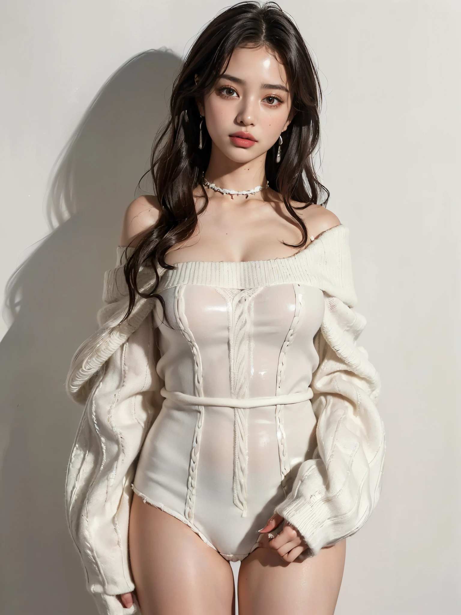(UHigh resolution, retina, masterpiece, Accurate, Anatomically correct, Textured skin, Super Detail, Attention to detail, high quality, 最high quality, High resolution, 1080P, High resolution, 4K, 8k, 16k), (美しいAttention to detail目, Beautiful lip detail, Highly detailed eyes and face), Soft lighting, Physically Based Rendering, Vibrant colors,((((最high quality、masterpiece, 高精細CG8kイラスト, Graffiti art,Very detailed、Light and Shadow, Leaning against the wall, Highly detailed face and eyes,masterpiece, 最high quality, Alone, One girl, 1, Earrings, Splendid, Whimsical details, Bright lips,Fascinating,(A woman wearing an off-shoulder oversized white fuzzy sweater paired with a matching white neck choker. The sweater has a cozy, fluffy texture, with long, relaxed sleeves and a loose fit, giving a soft, elegant vibe. The choker is made from the same material as the sweater, complementing the overall look. The outfit is casual yet stylish, perfect for a comfortable yet chic winter fashion. The background is simple, with a neutral color to emphasize the texture and details of the outfit),Shallow depth of field, Contrasting, Professional Model, frontを向く、front, Portraiture , Left detailed pupil,Right symmetrical pupil,Wavy Hair))), (Wide-angle),(Alone), (Urzan-6500:0.33)、Outdoor、(((Full Body Shot,Cowboy Shot,Glossy thighs,The whole body is scary,tall)))、smile