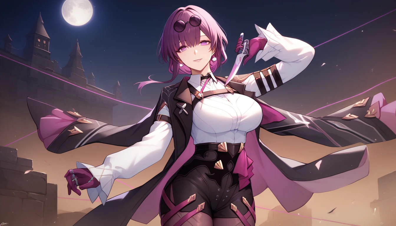 One Girl,Kafka, Purple eyes, Purple Hair, bangs, Side Lock, Please put your glasses on your head, earring, White shirt, Collared shirt, Long sleeve black jacket, Jacket on shoulders, Harness, Large Breasts, Purple gloves, Black shorts, High Waist Shorts, Purple thigh straps, Pantyhose, Single thigh high boots,There are no students, Black choker, ring, Expose your shoulders, pearl earring, Armband,masterpiece, Anatomically correct, 8k,(background,moon,detailed),Cowboy Shot,Captivating smile,Ready your weapon,knife,