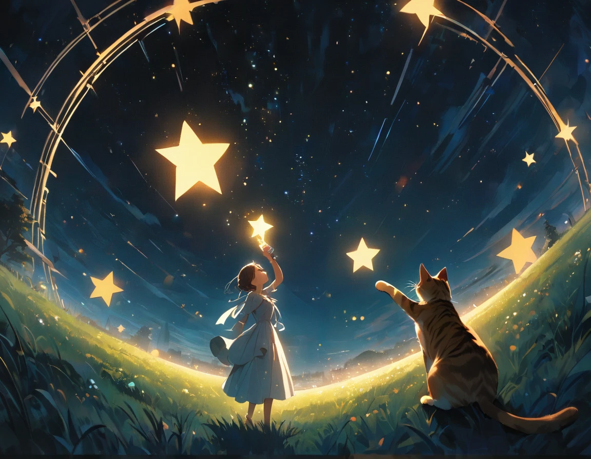 ((Best quality)), ((Excellent)), (Details), 8k,Woman and Cat Toasting Under the Stars
A magical outdoor scene where a woman stands on a grassy hill at night, holding up a sparkling glass of champagne. Beside her, a curious cat stands on its hind legs, looking up at her, holding a tiny cup in its paw. Above them, a beautiful, star-filled sky stretches across the horizon, with the soft glow of the moonlight casting a serene light over the scene. The mood is peaceful yet celebratory, with soft breezes gently swaying the woman’s dress and the cat’s fur., conceptual art, jpeg artifacts, first person perspective, close up of cat, ultra high resolution, anatomically correct, attention to detail, highly detailed