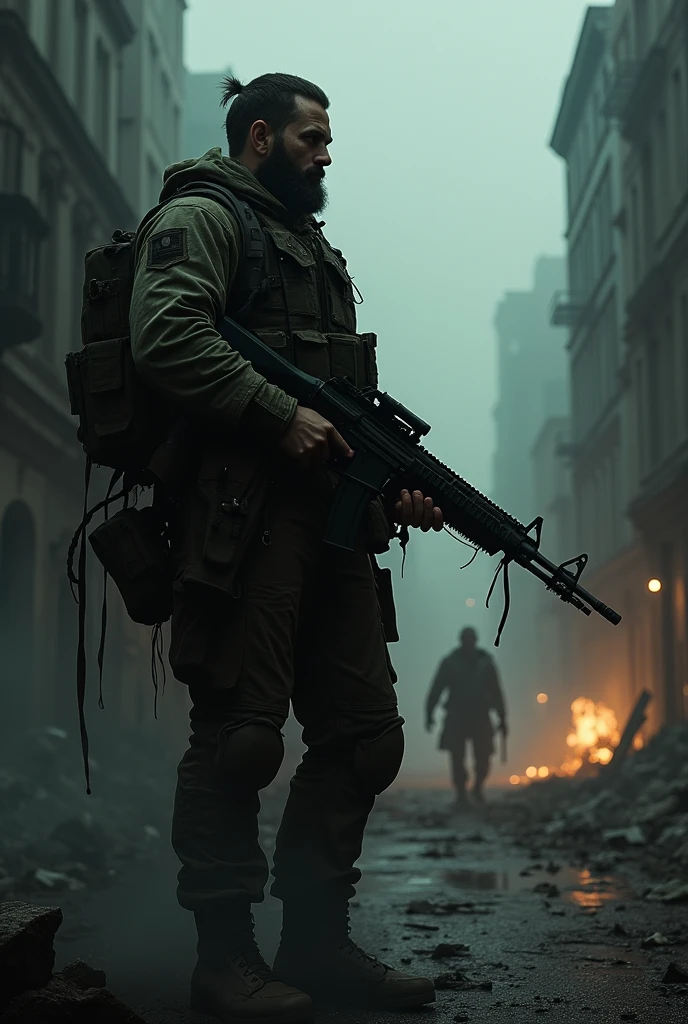 star15mod, (master part), (best quality), (ultra-detalhado), (best illustration),(Melhor sombra), Olhando para o Viewer, cowboy shot, city background destroyed by fire, tactical gear, Tactical pouches, (Gas mask:0.8), tactical armor, fuzil de assalto, Revolver with holster, (franzir:1.3)