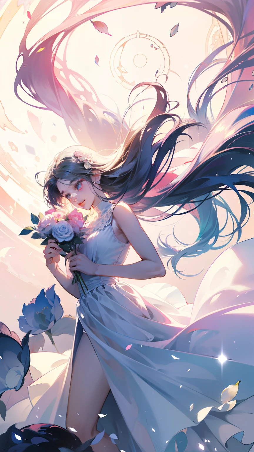 An 1 girl is wearing a rosa rose, long hair, Sleeveless White Dress, holding a rosa rose. Feeling the scent of the flower, bright fantasy, surrealism, Michael Cormac, rosa, Monochromatic tranquility, Bright atmosphere, Sun light, Happiness, Happiness, It's a smile,